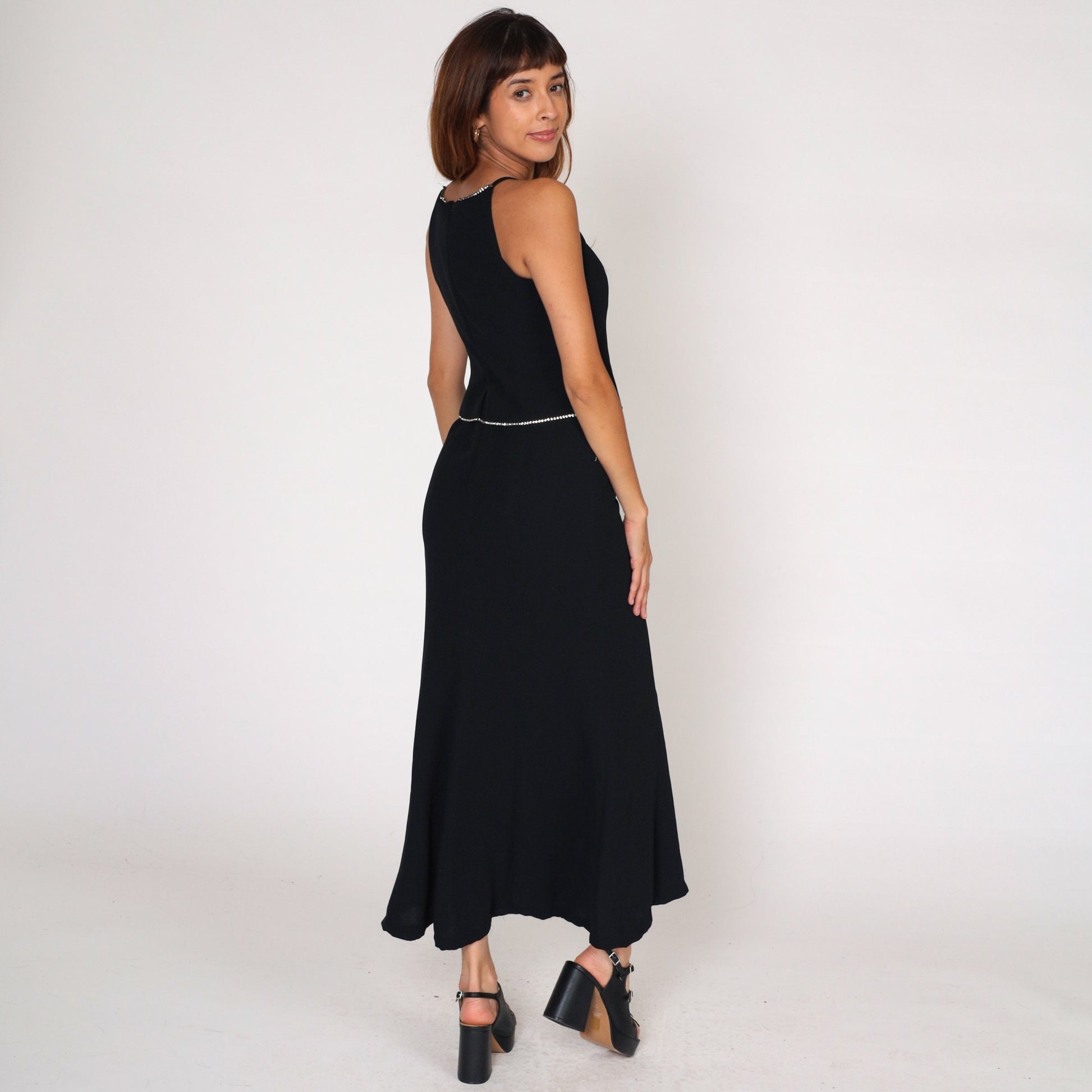 90s Jones New York Black Maxi Dress Rhinestone Racerback Spaghetti Strap Small