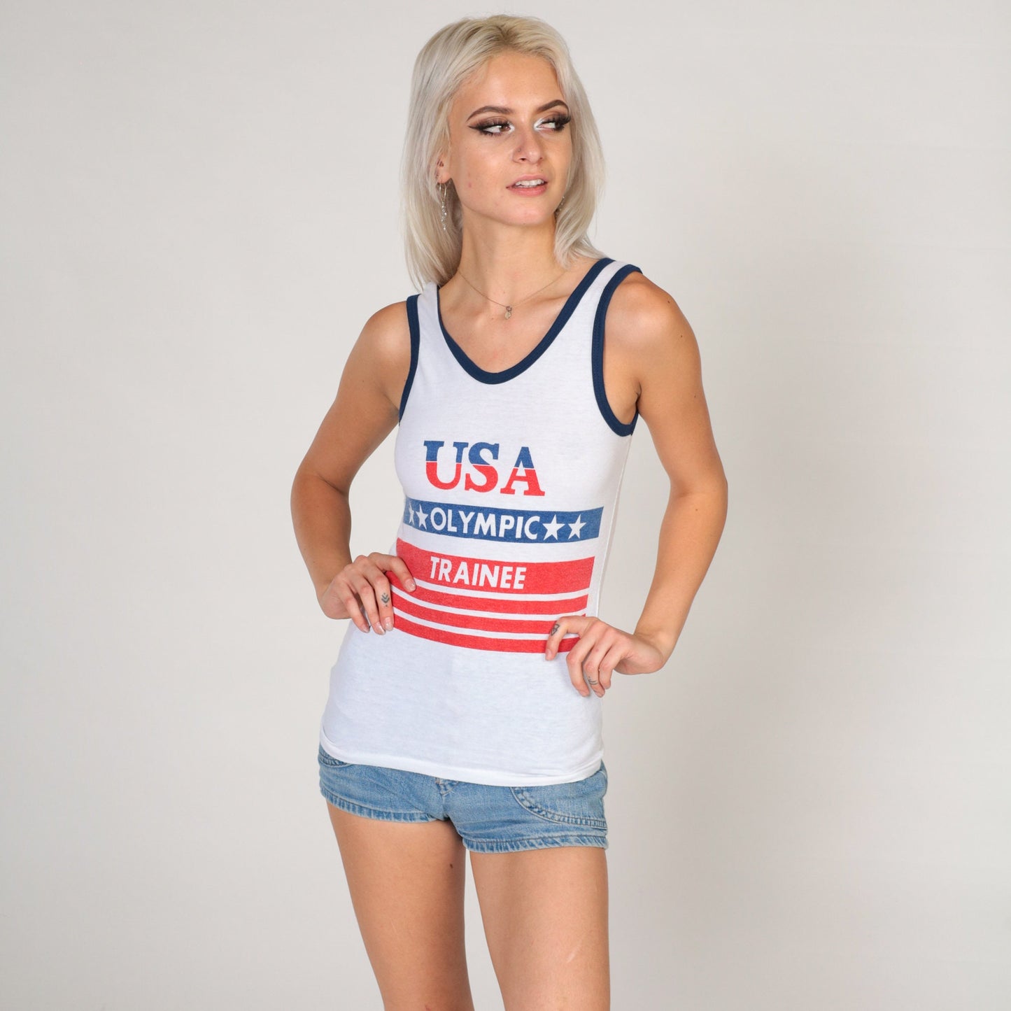 80s USA American Flag Ringer Tank Top White Graphic Single Stitch Extra Small