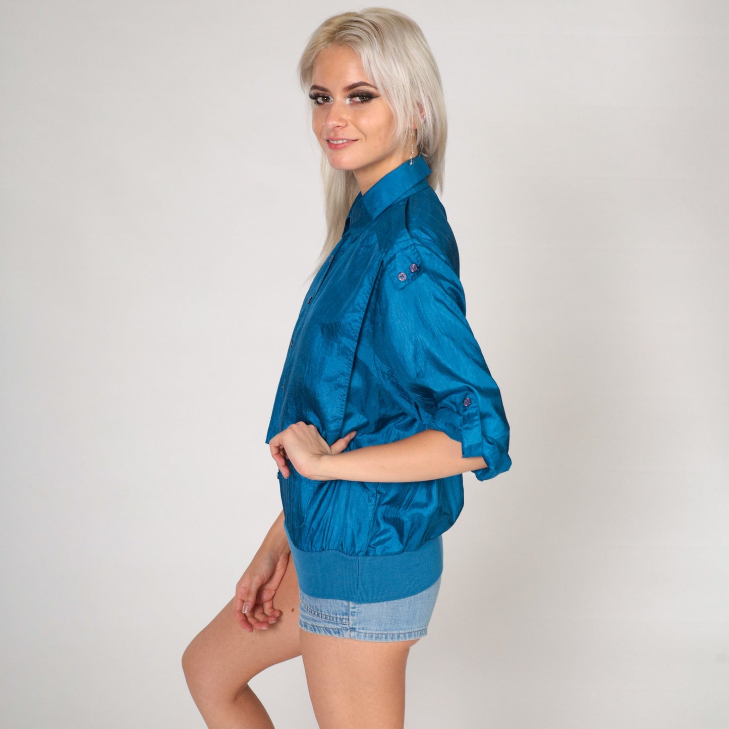 80s Shiny Blue Button-Up Blouse Epaulette Shoulder Large L