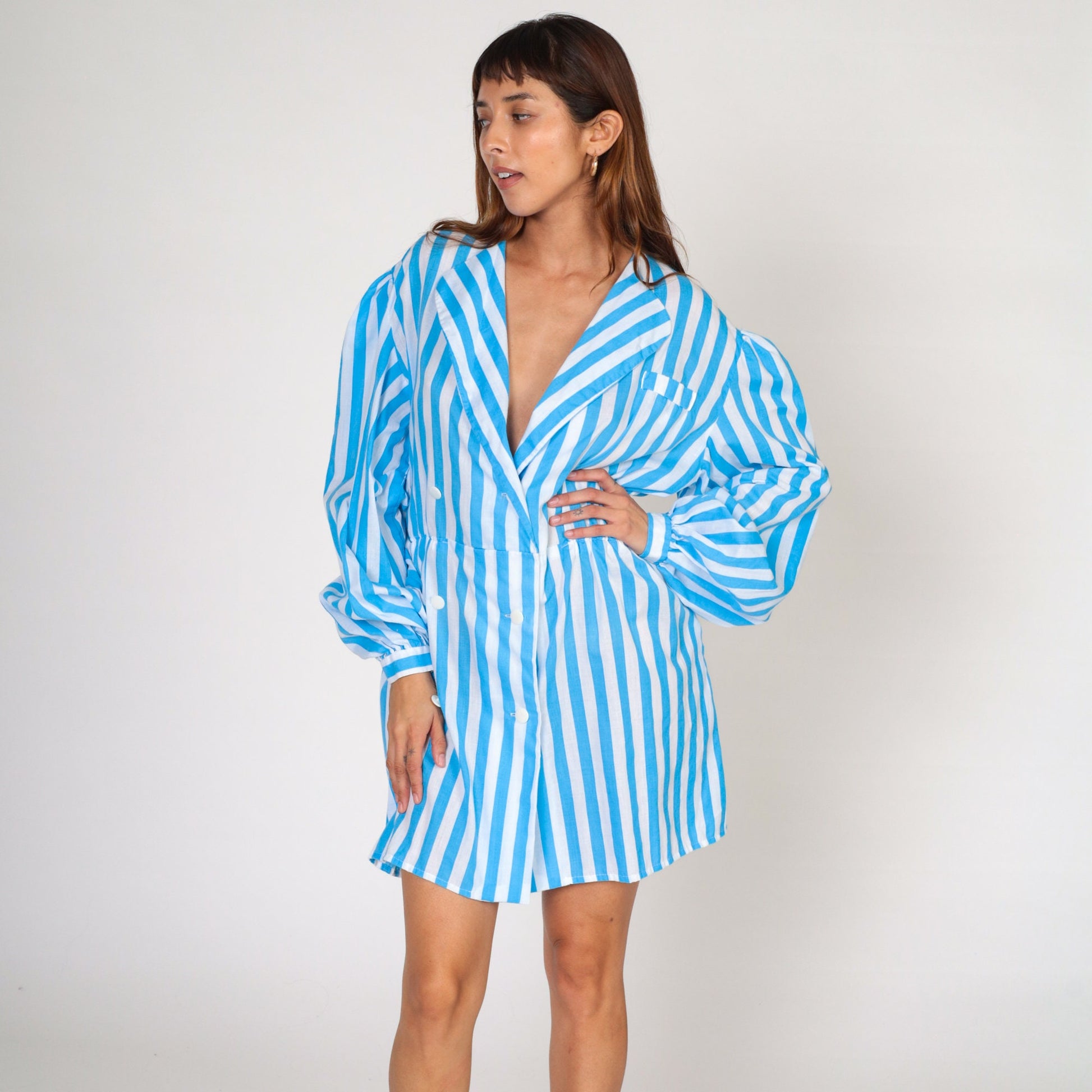 80s Striped Mini Dress Blue White Double Breasted Puff Sleeve Collared Large