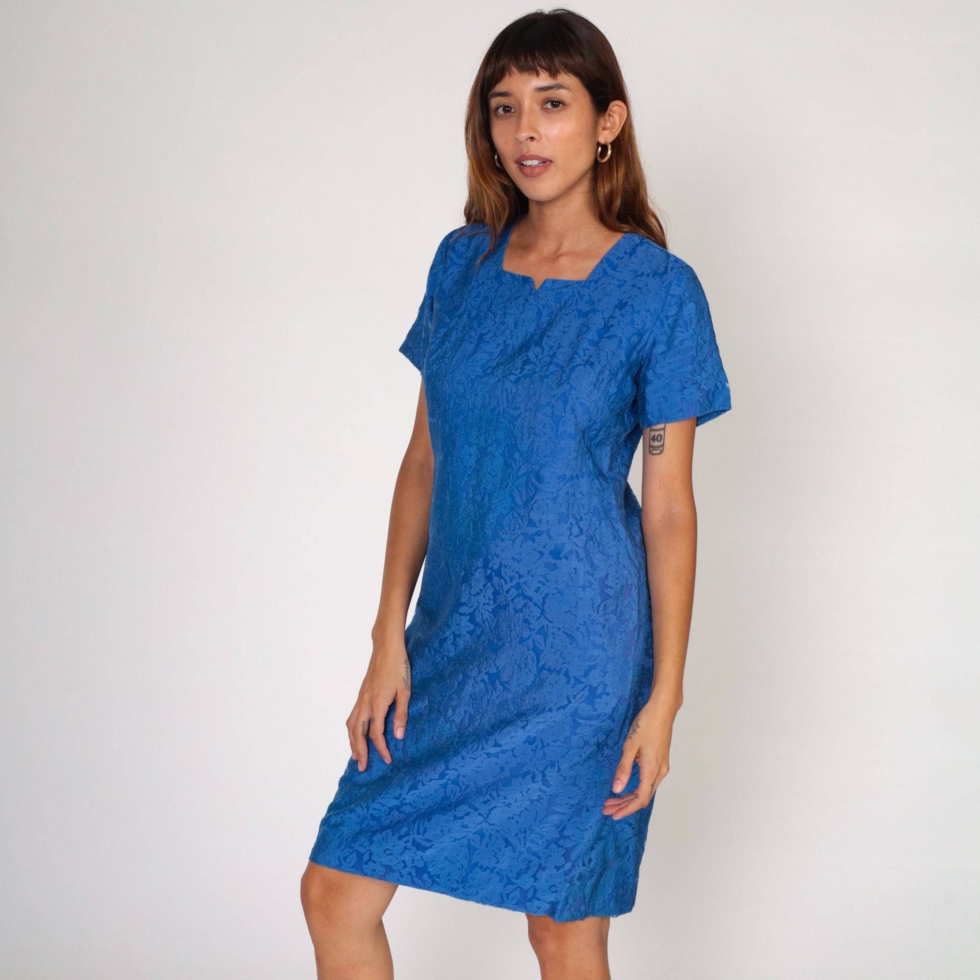60s Blue Embossed Floral Shift Mini Dress Short Sleeve Small