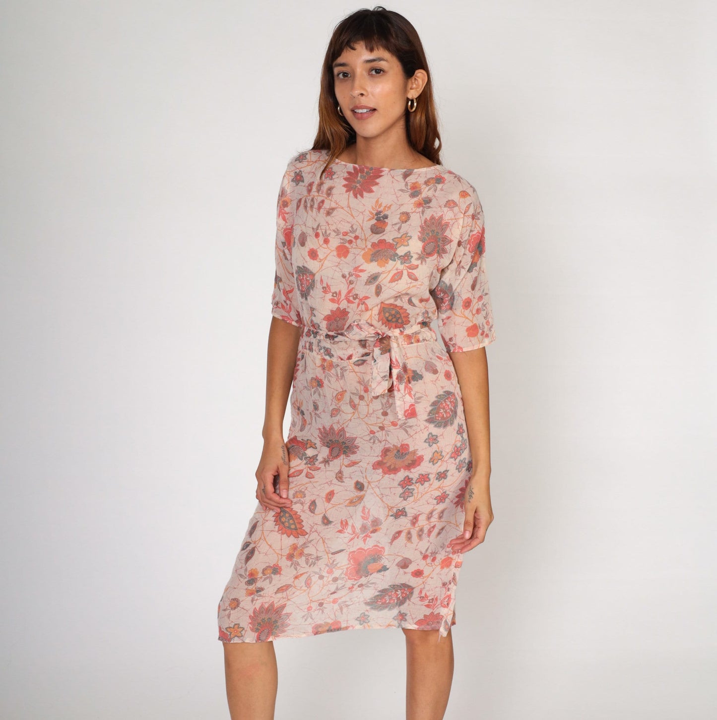 70s Pink Floral Midi Dress High Waisted Cotton Keyhole Back Small