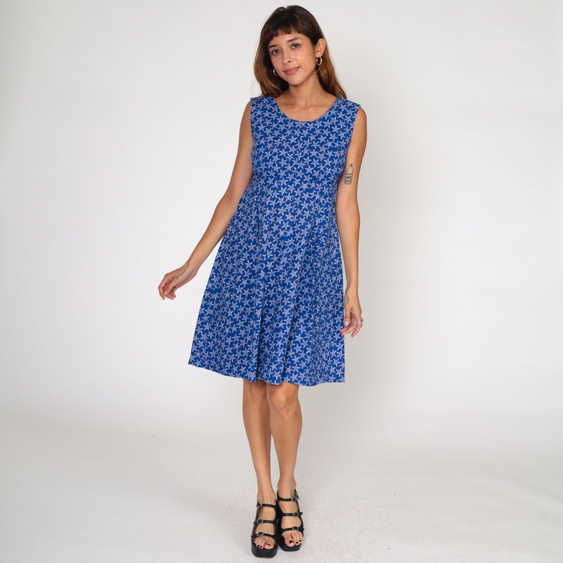 80s Starfish Print Sundress Blue Sleeveless Fit Flare Medium