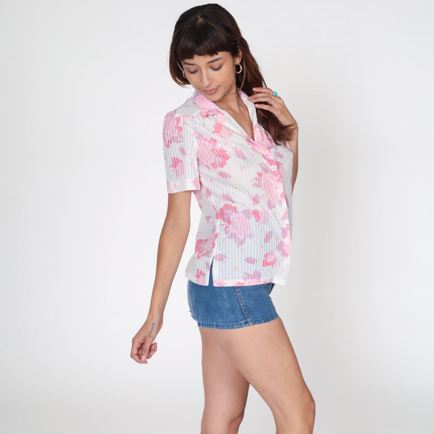 70s Graff Floral Button-Up Blouse White Puff Sleeve Small