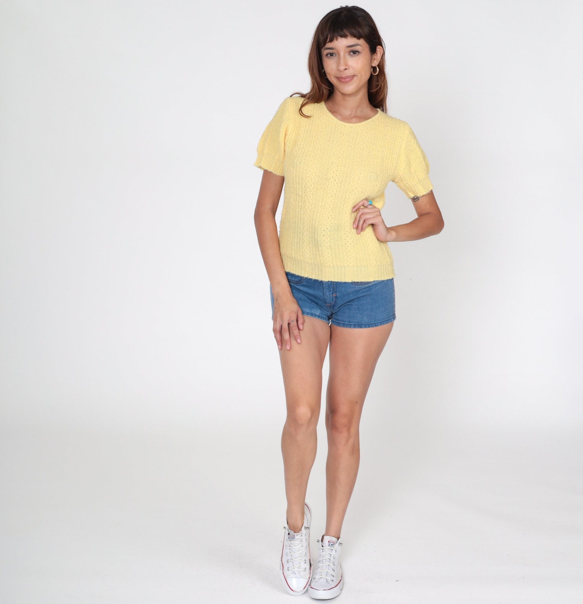80s Light Yellow Knit Short Sleeve Top Small S