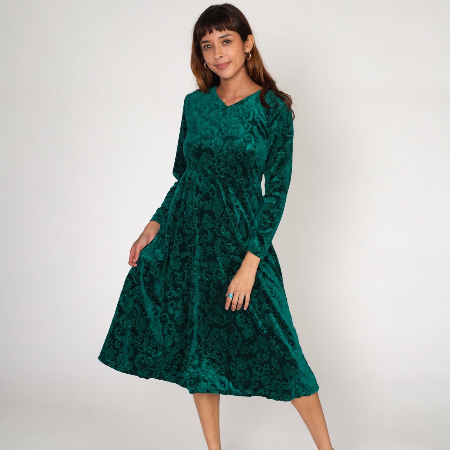 90s Green Floral Velvet Mini Dress Empire Waist Long Sleeve Medium Large