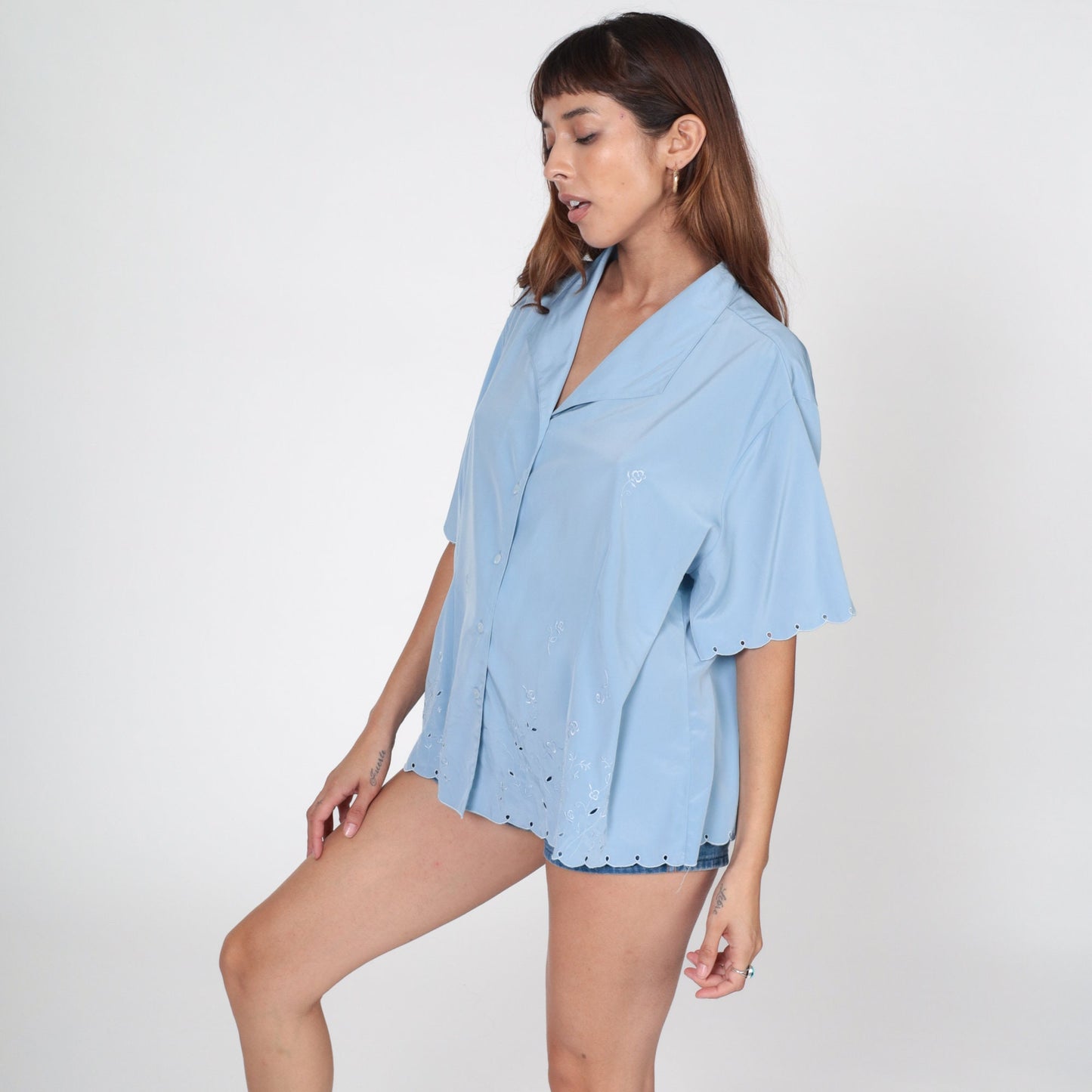 80s Baby Blue Floral Embroidered Blouse Eyelet Cutout Button Up Short Sleeve Extra Extra Large XXL