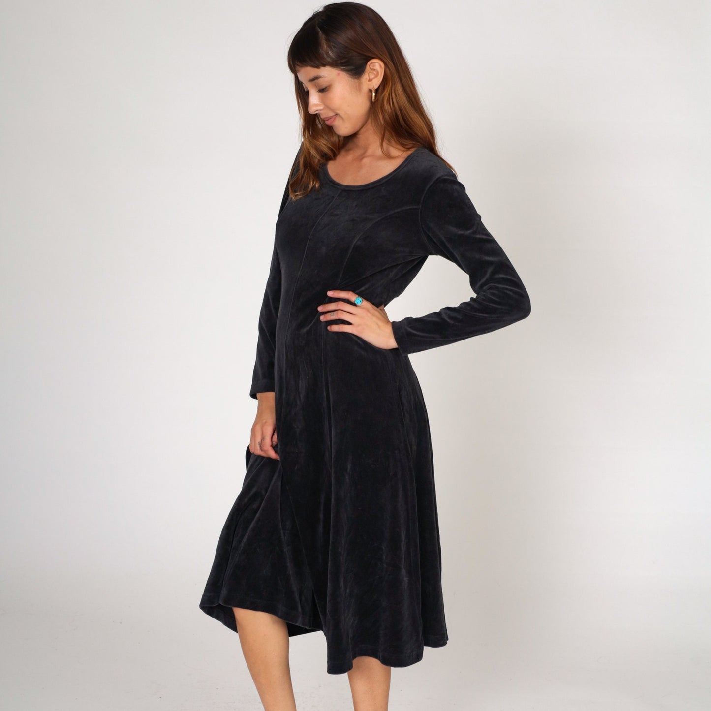 Y2K Black Velour Midi Dress Long Sleeve Princess Seam Small