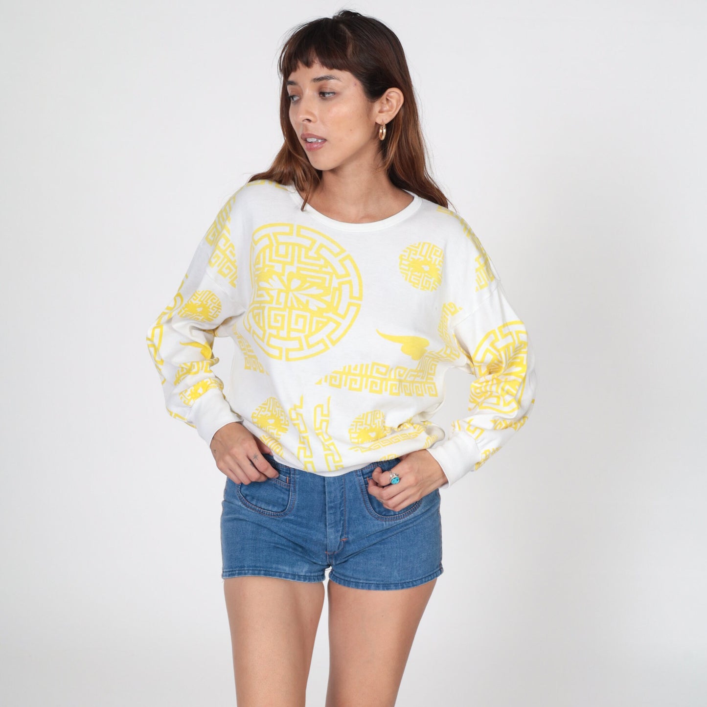 80s Geometric Chain Link Long Sleeve Shirt White Small S