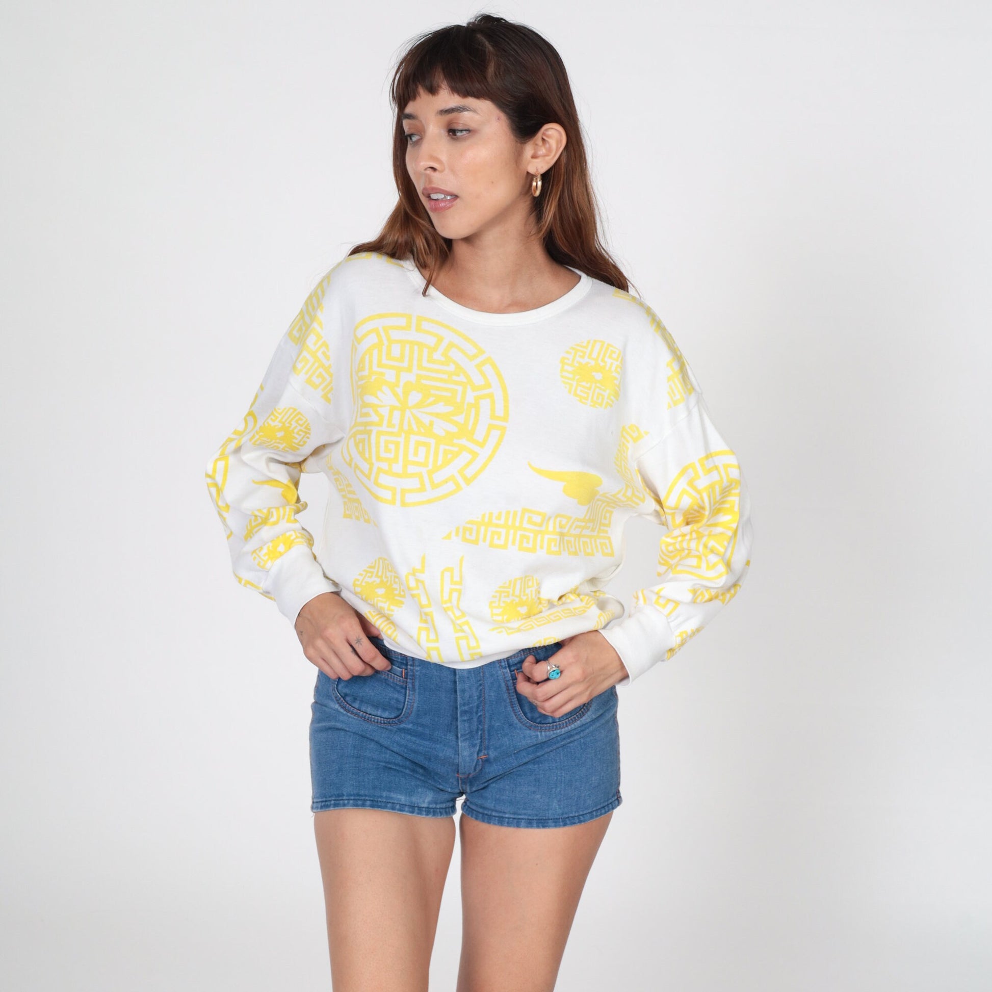 80s Geometric Chain Link Long Sleeve Shirt White Small S