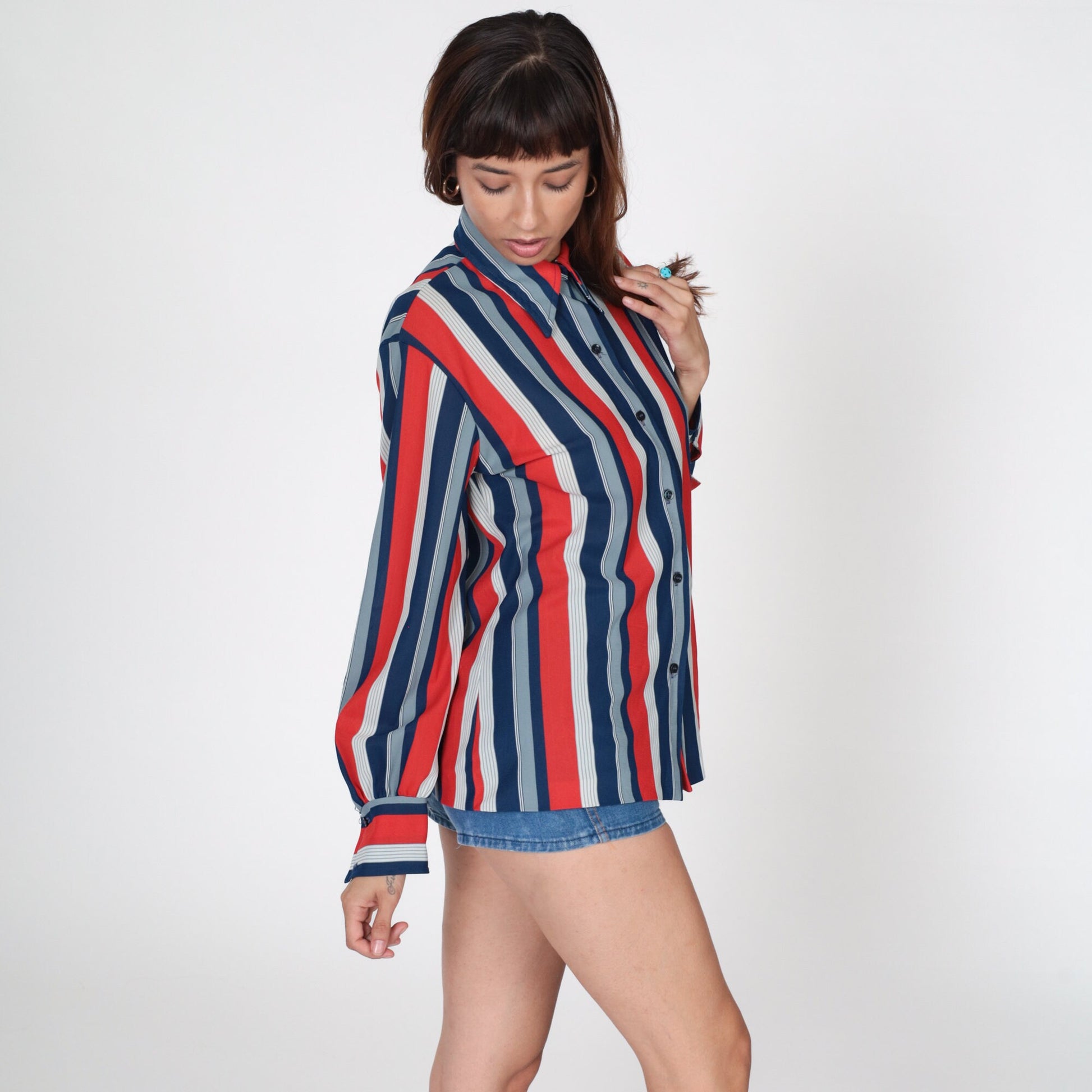 70s Striped Button Up Blouse Red White Blue Pointed Collar Long Sleeve Large