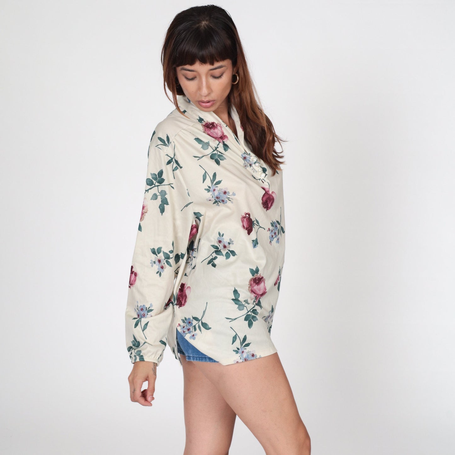 70s Floral Button-Up Blouse Cream Long Sleeve Shirt Plus Size XXL
