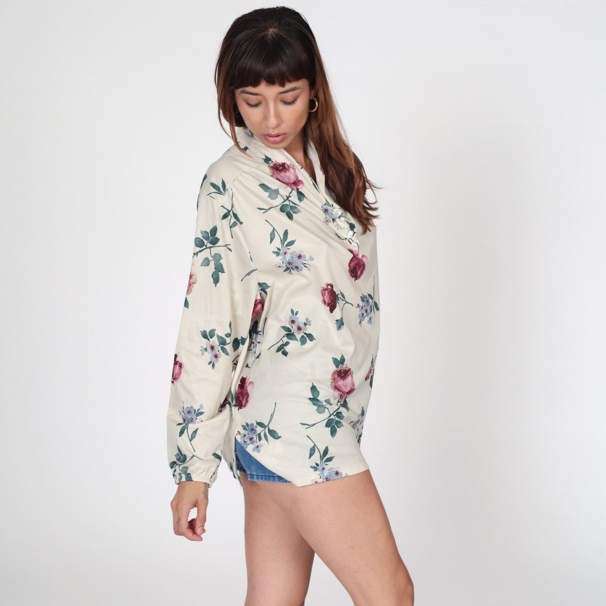 70s Floral Button-Up Blouse Cream Long Sleeve Shirt Plus Size XXL