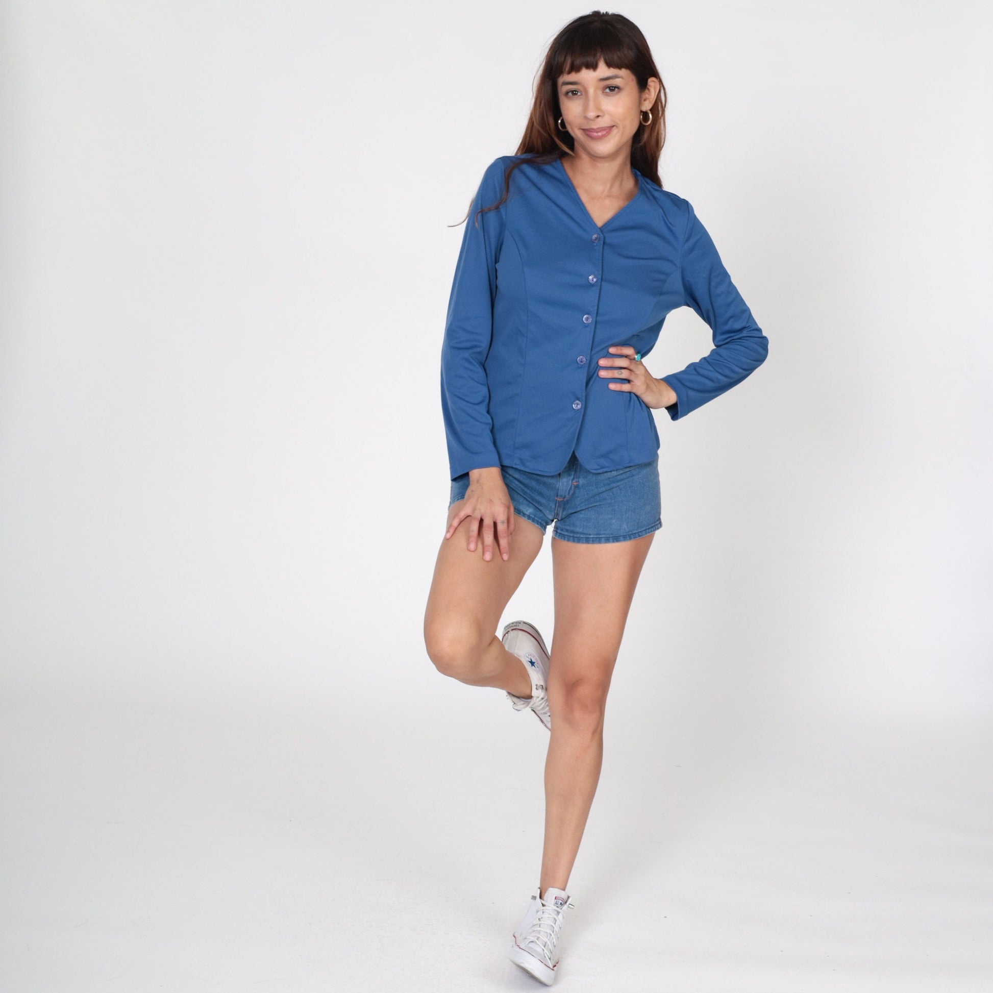 90s Blue Button-Up Shirt Long Sleeve V-Neck Blouse Small Medium