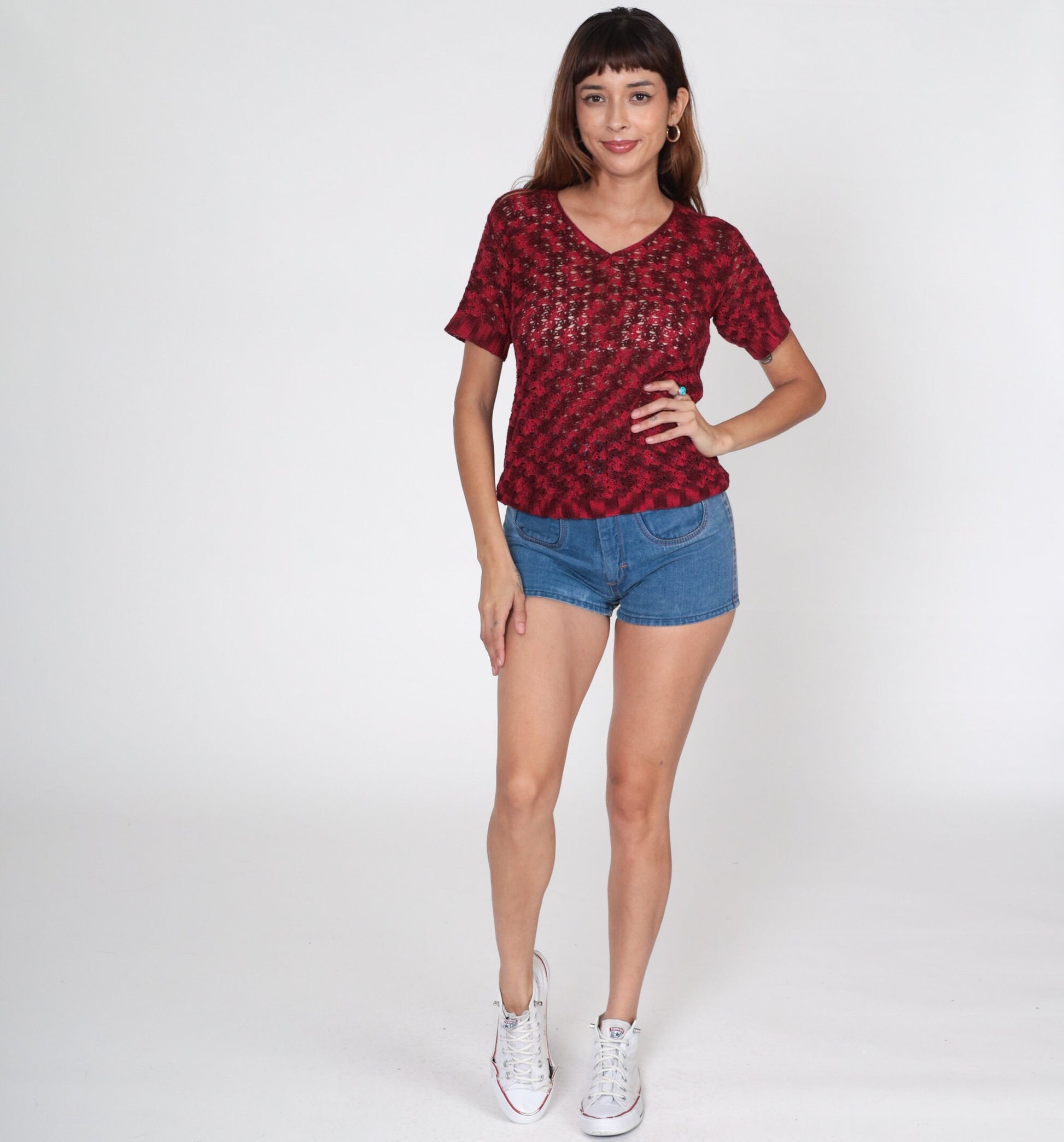 80s Red Crochet V-Neck Blouse Short Sleeve Sheer Knit Top Small S