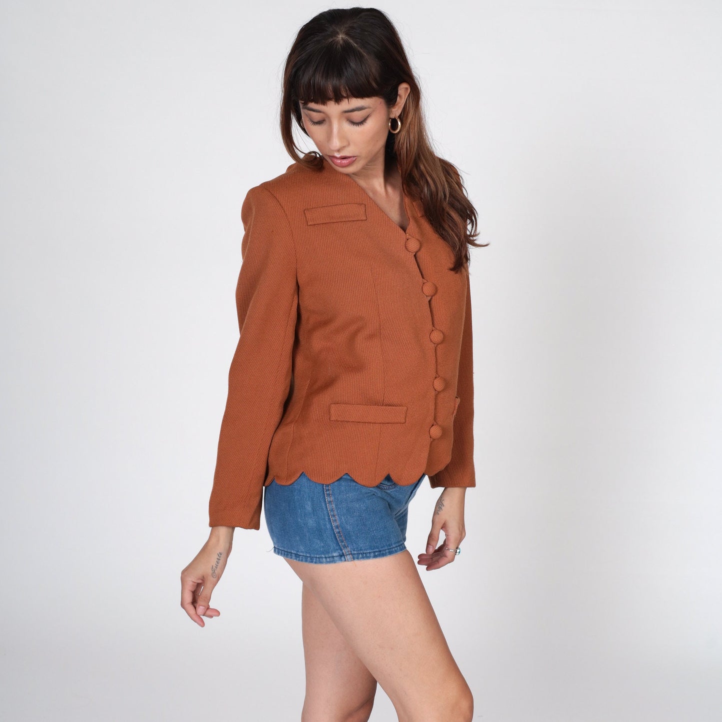 60s Wool Blazer Brown Scalloped Edge Jacket Small