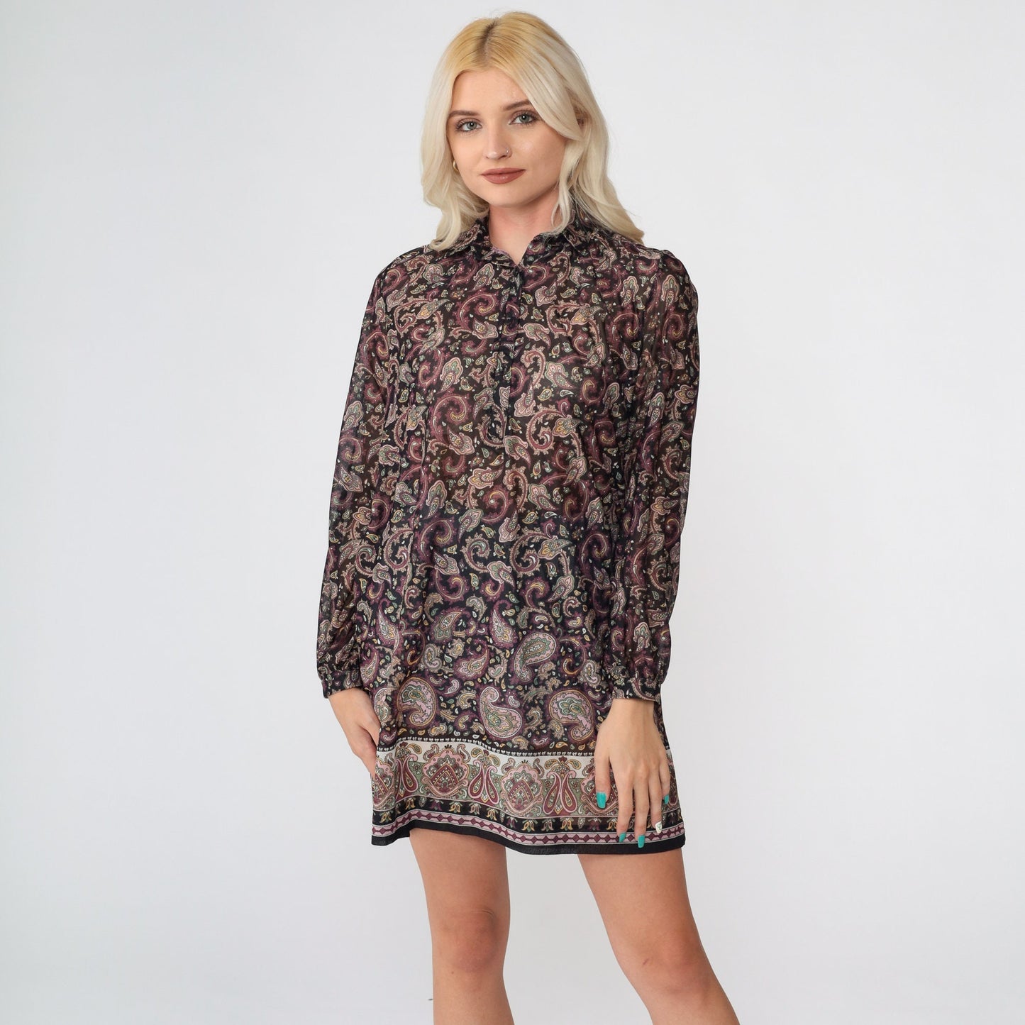 70s Paisley Mini Dress Black Shift Long Sleeve Button-Up Small