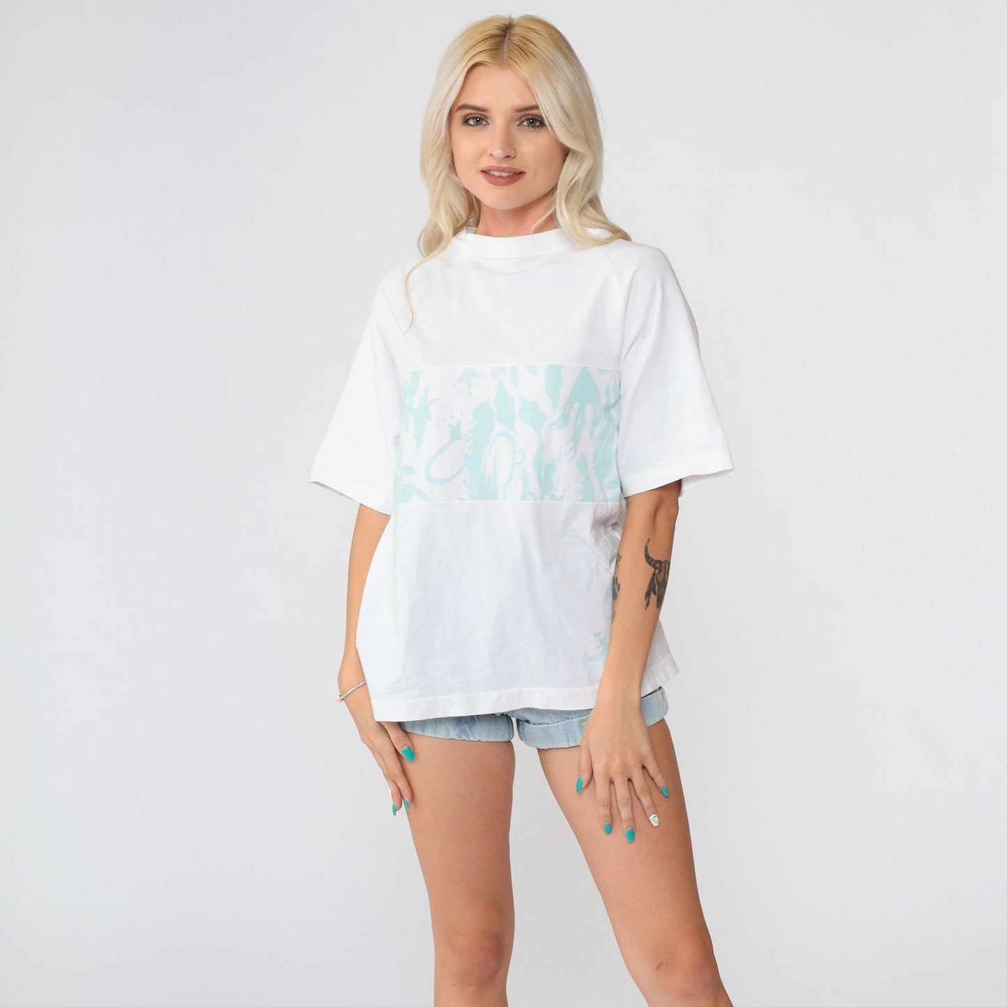 90s Abstract Mint Swirl Graphic T-Shirt White Crewneck Large