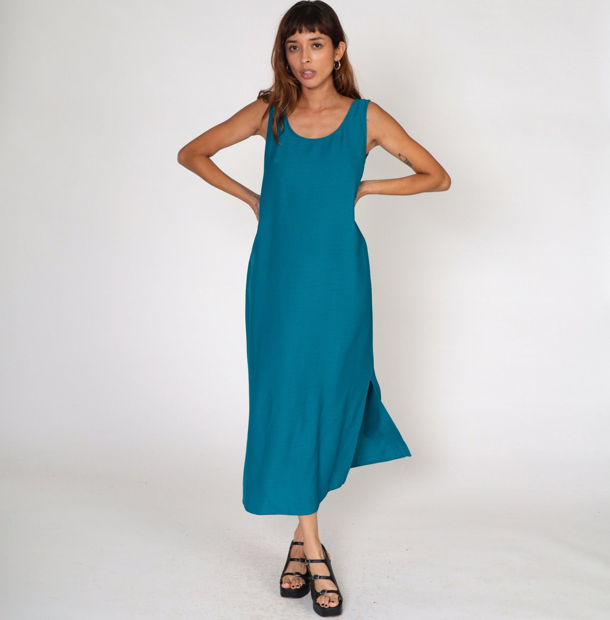 90s Blue Sleeveless Maxi Dress Side Slit Shift Ankle Length Medium