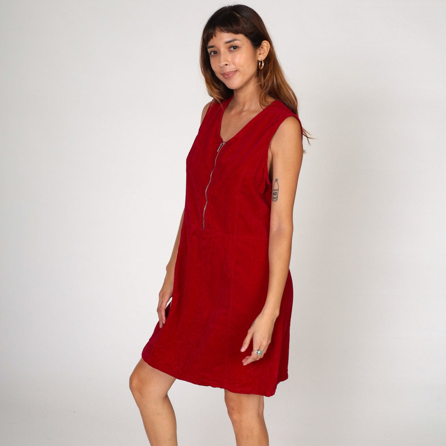00s Faded Glory Velvet Jumper Dress Red Mini Shift Zip Front Large L
