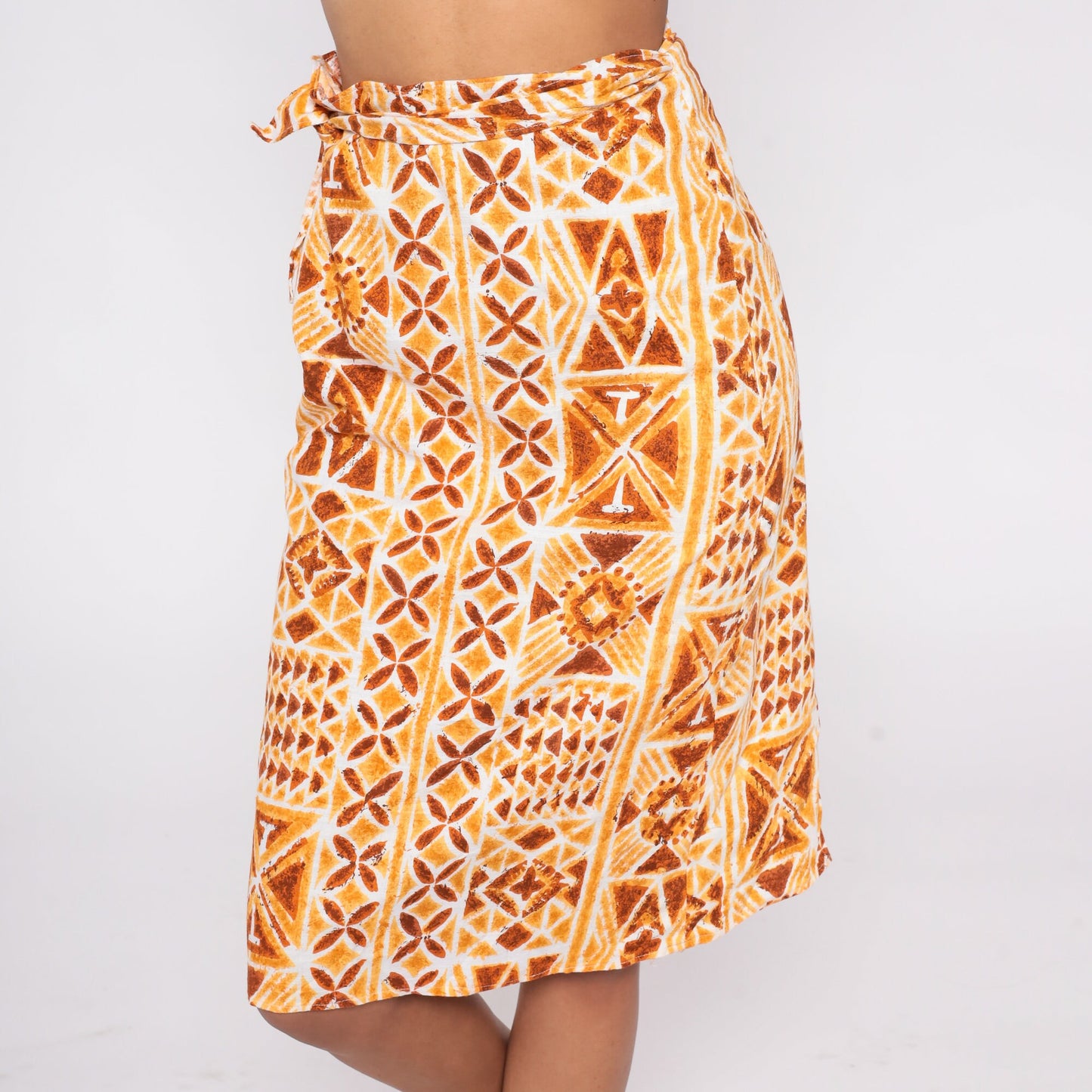 90s Geometric Stamp Print Wrap Skirt Knee Length Orange Extra Small XS