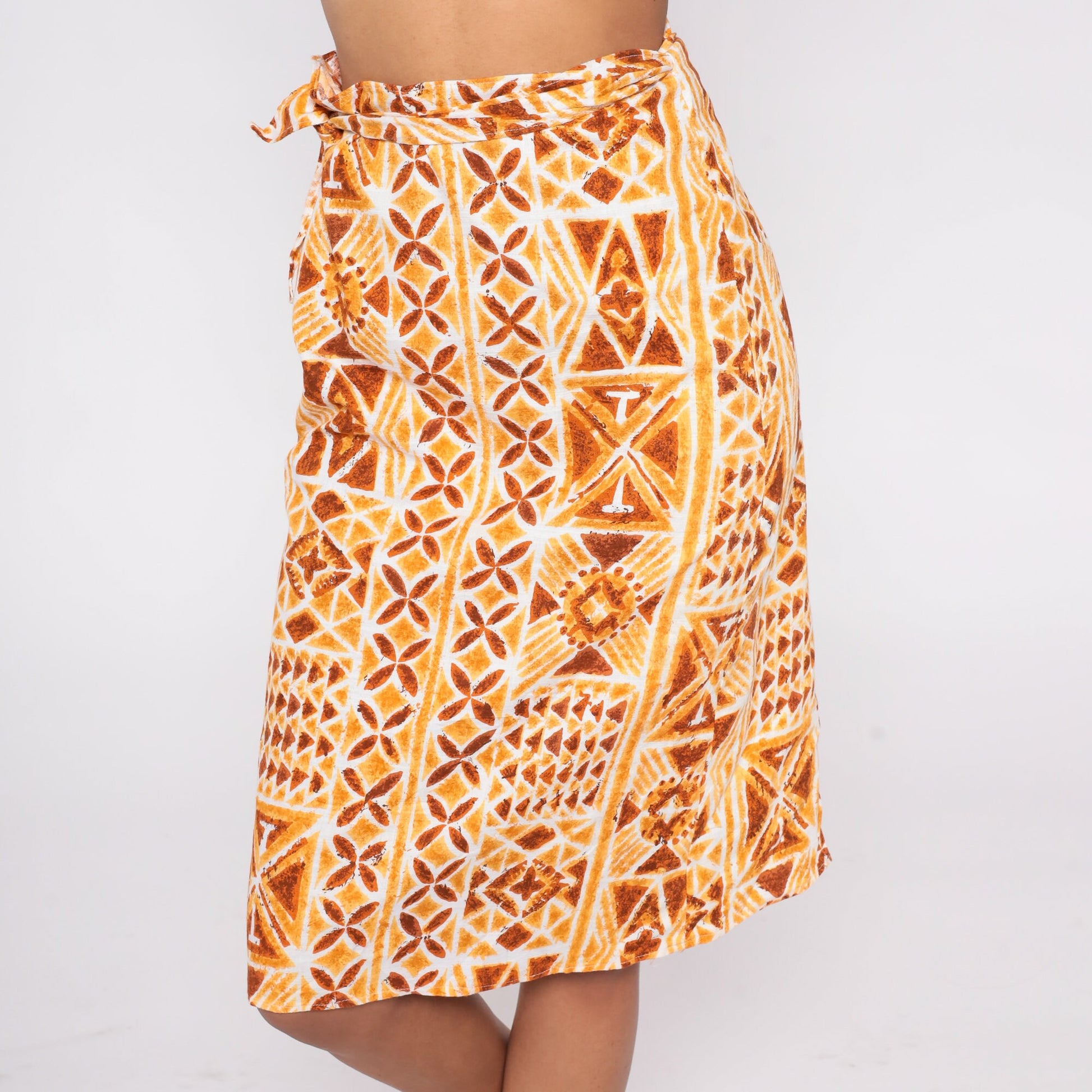 90s Geometric Stamp Print Wrap Skirt Knee Length Orange Extra Small XS