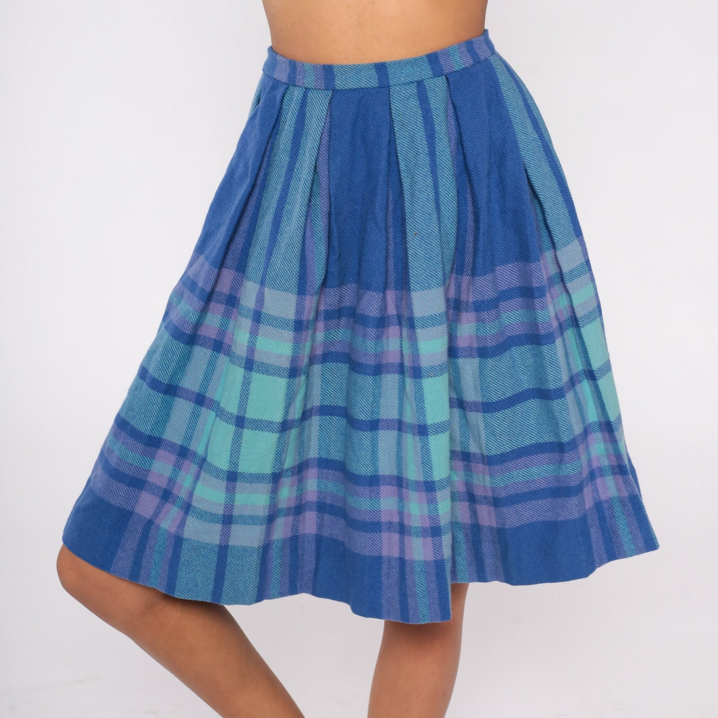 70s Blue Plaid Wool Mini Skirt High Waisted Pleated Tartan Extra Small