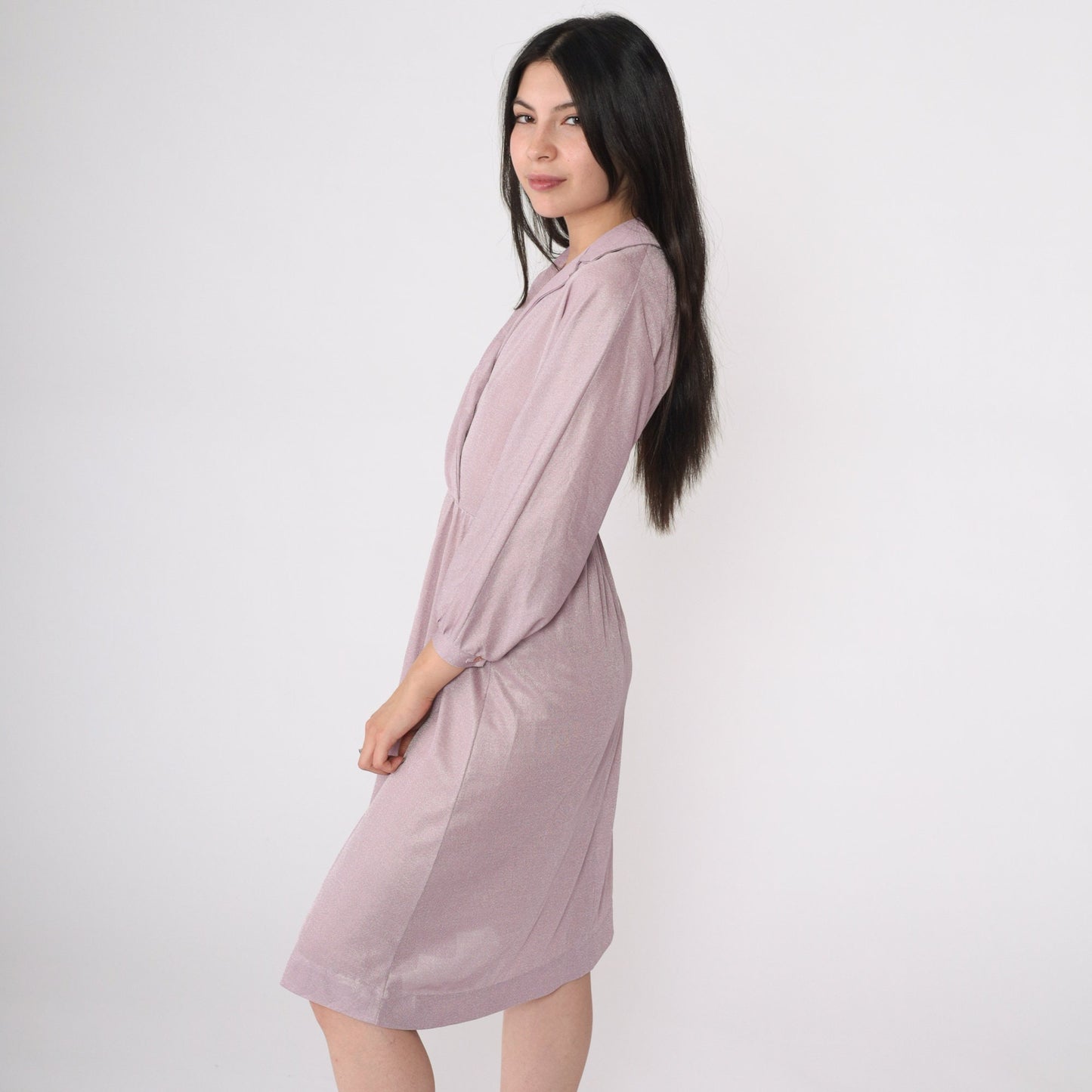 70s Shimmery Lavender Grecian Wrap Dress Long Sleeve Midi High Waist Small