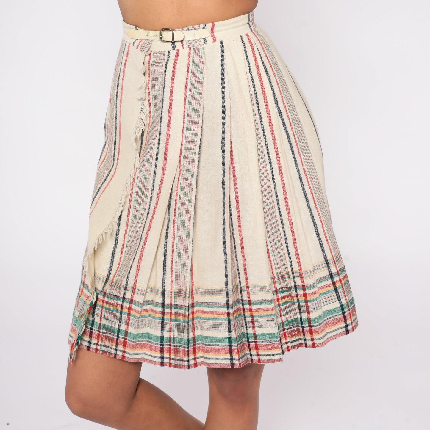 80s Plaid Wool Blend Mini Skirt High Waisted Buckle Strap Pleated XS