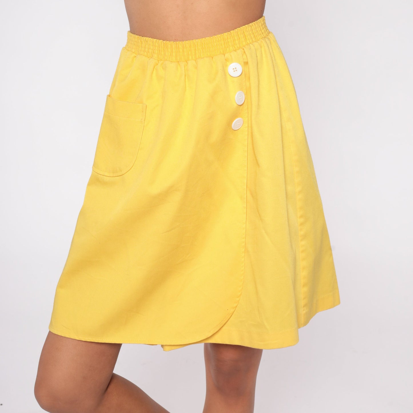 80s Yellow Mini Skirt Tulip Hem High Waist Elastic Pocket Medium M