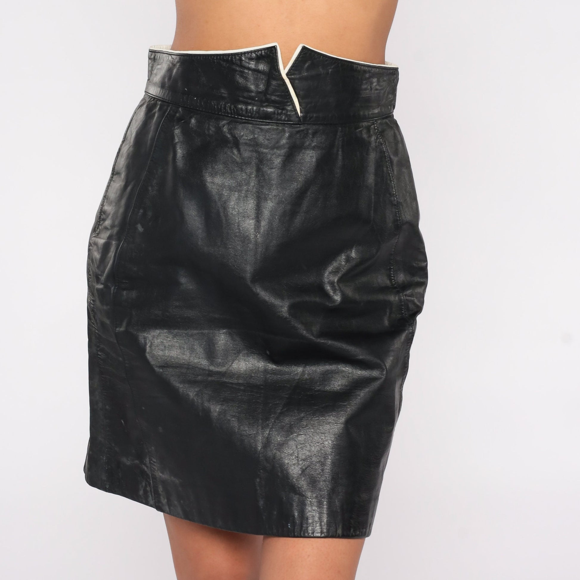 90s Black Leather Mini Skirt High Waisted Pencil White Trim Small S