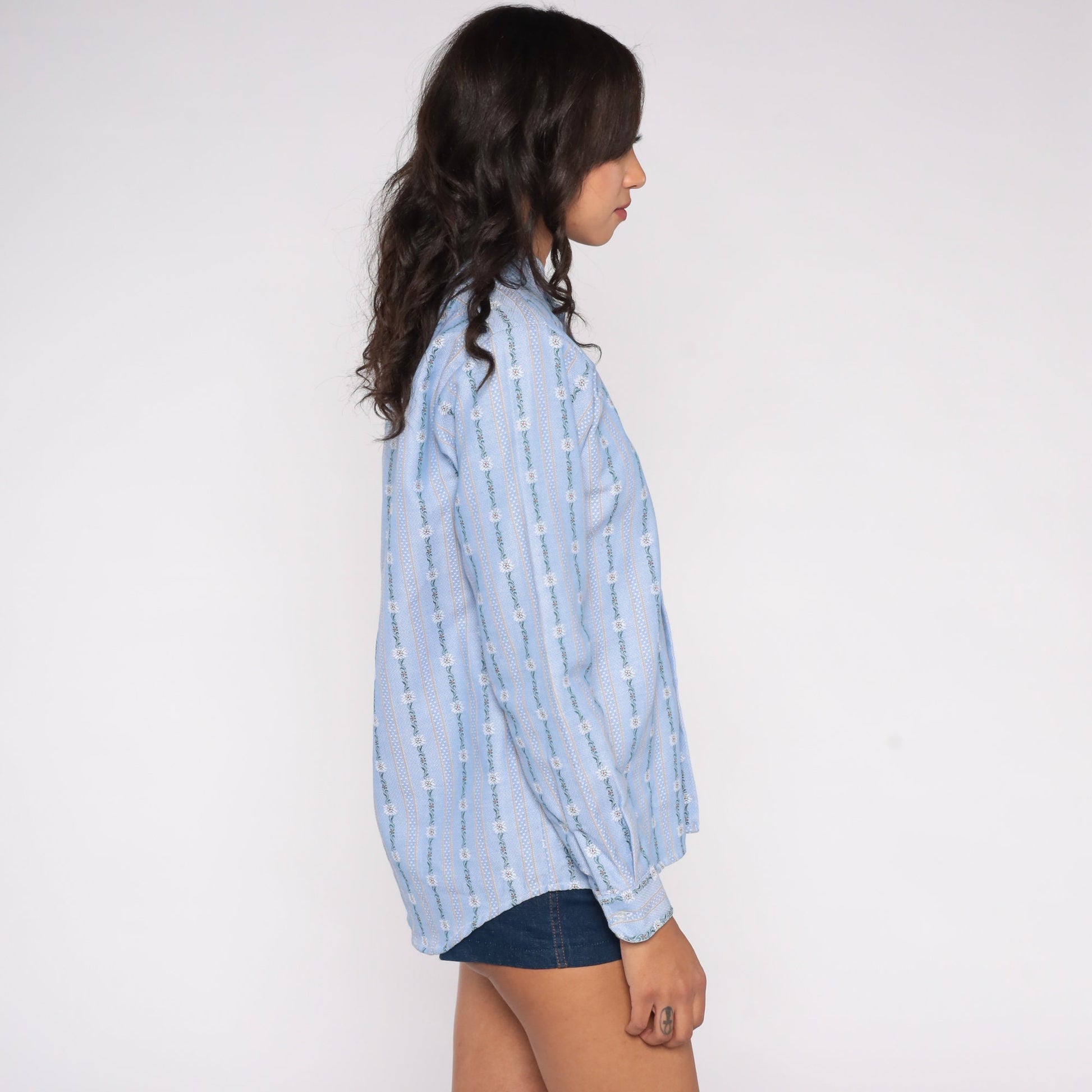 70s Blue Striped Floral Ribbon Print Button-Up Shirt Banded Collar Medium