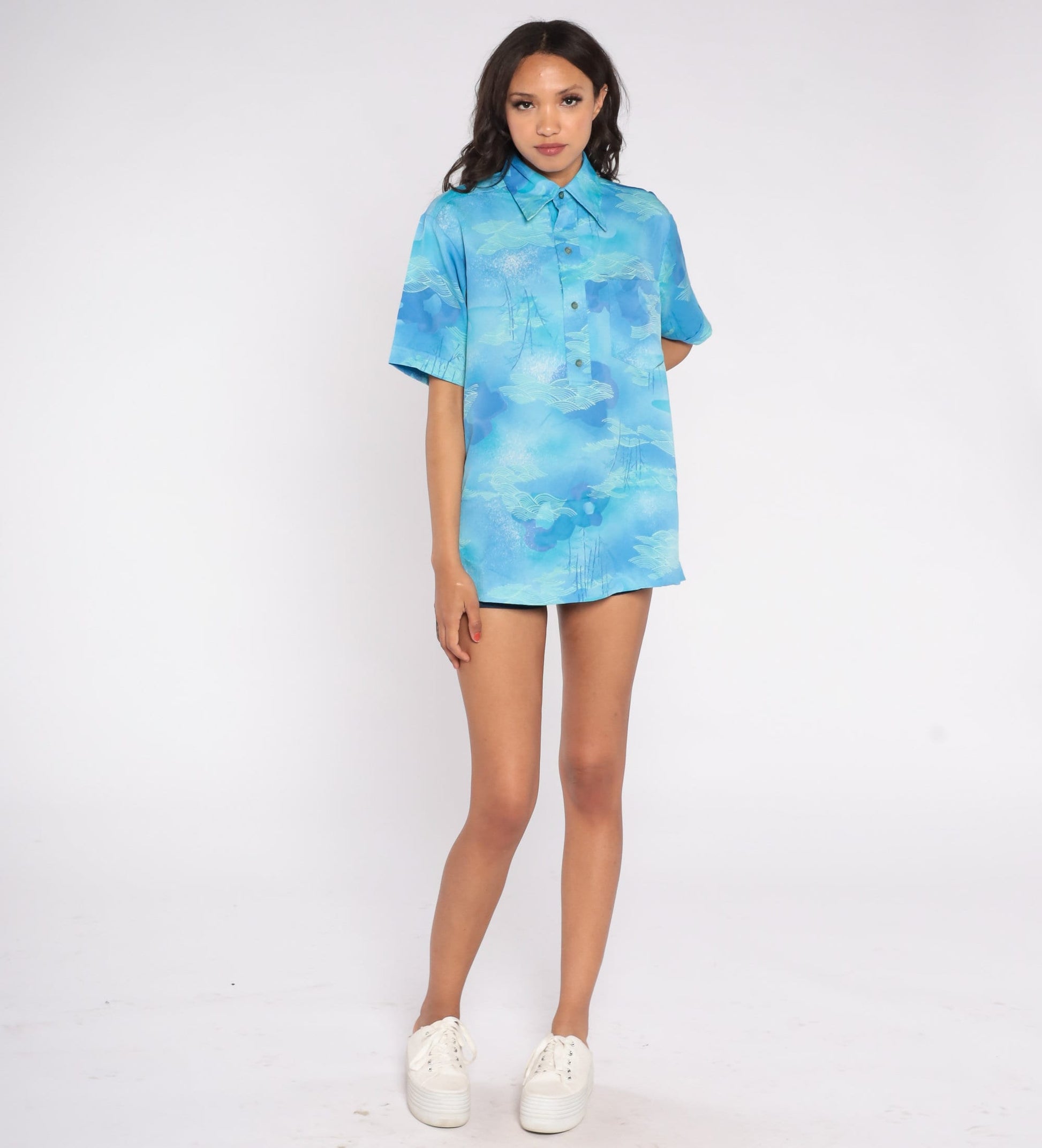 70s Lehua Hawaii Polo Shirt Blue Abstract Cloud Wave Print Medium M