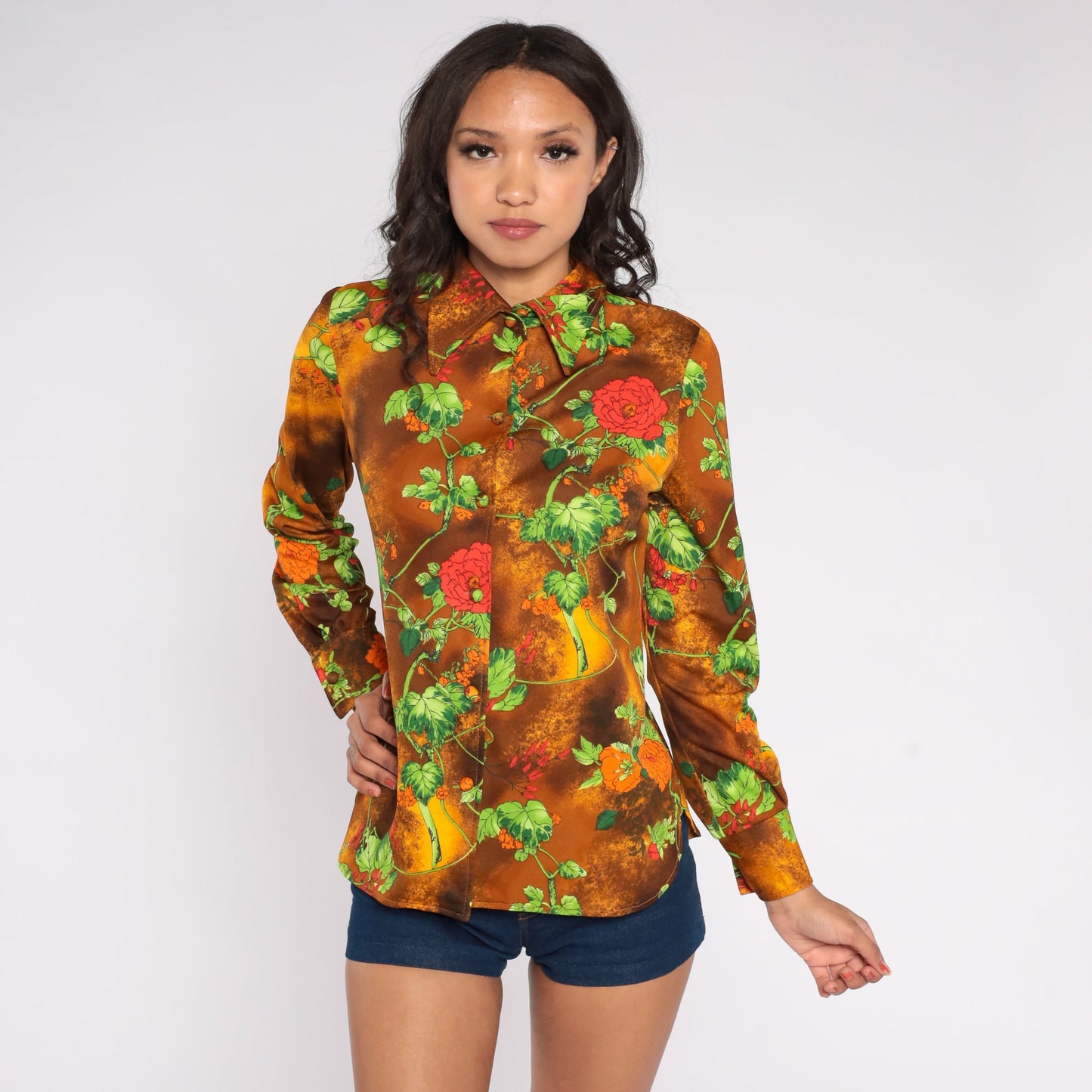 70s Floral Disco Shirt Brown Yellow Cloud Dye Button Up Pointed Collar Medium