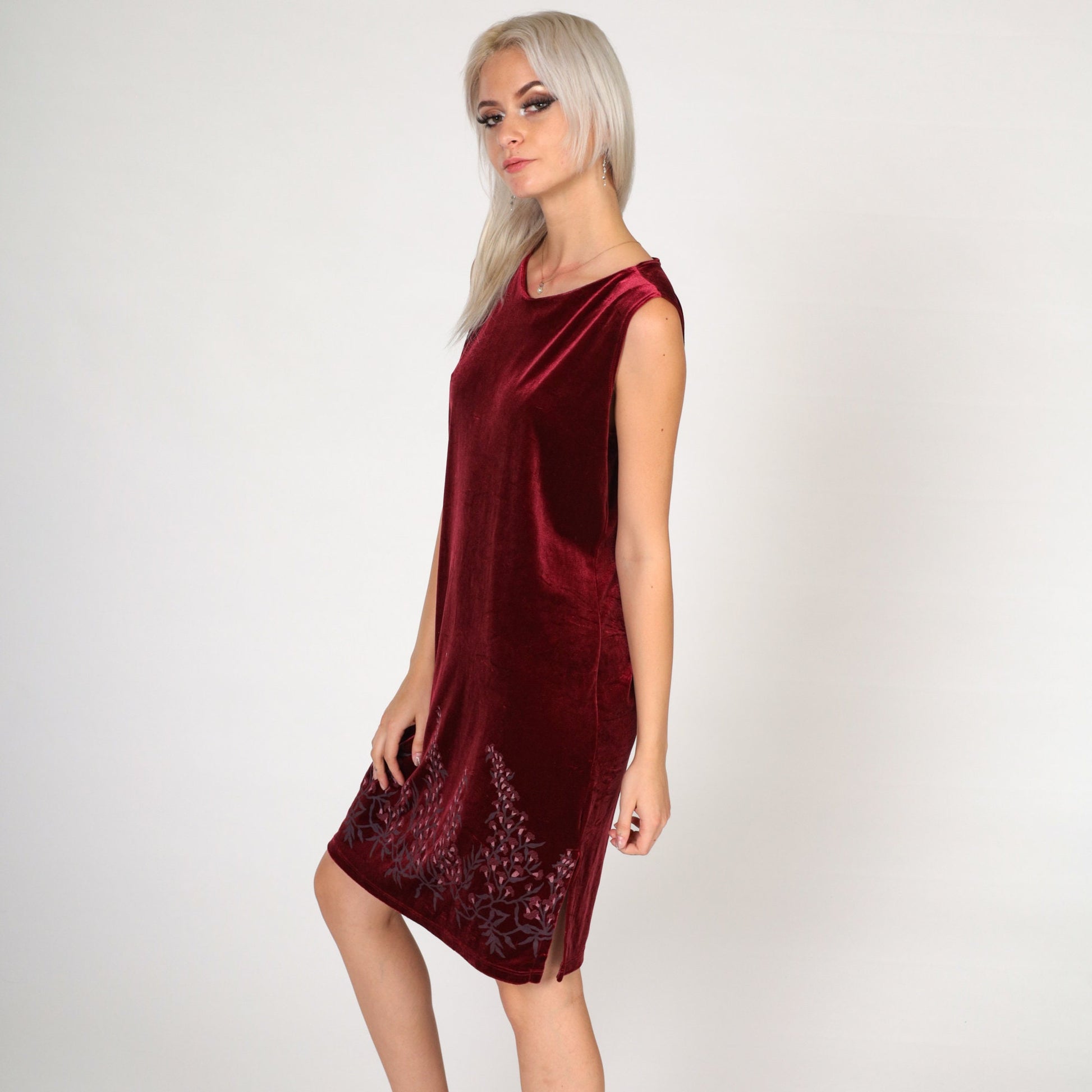 00s Red Velvet Floral Mini Dress Sleeveless Shift Small Medium