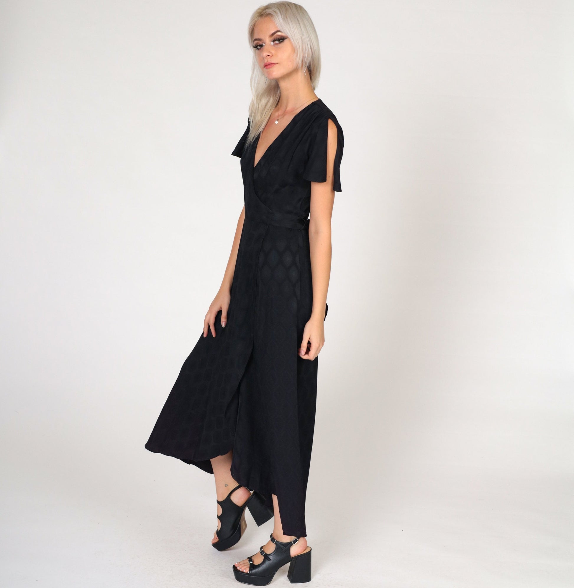 70s Black Grecian Maxi Dress Flutter Sleeve Wrap Deep V Embossed Geometric Extra Small