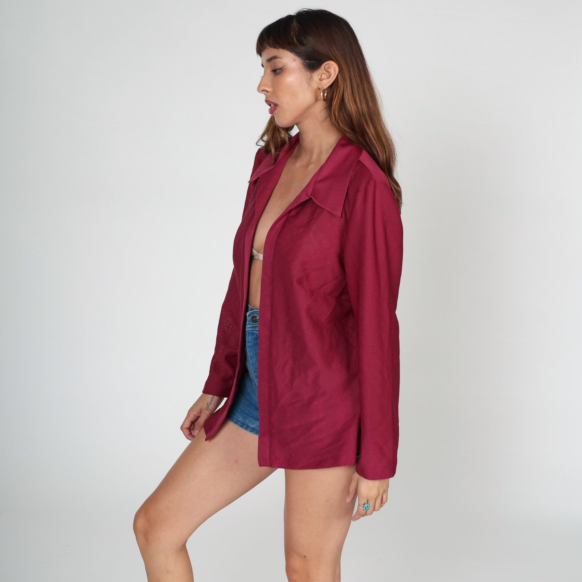 70s Raspberry Red Open Front Blazer Long Sleeve Collared Jacket Medium M