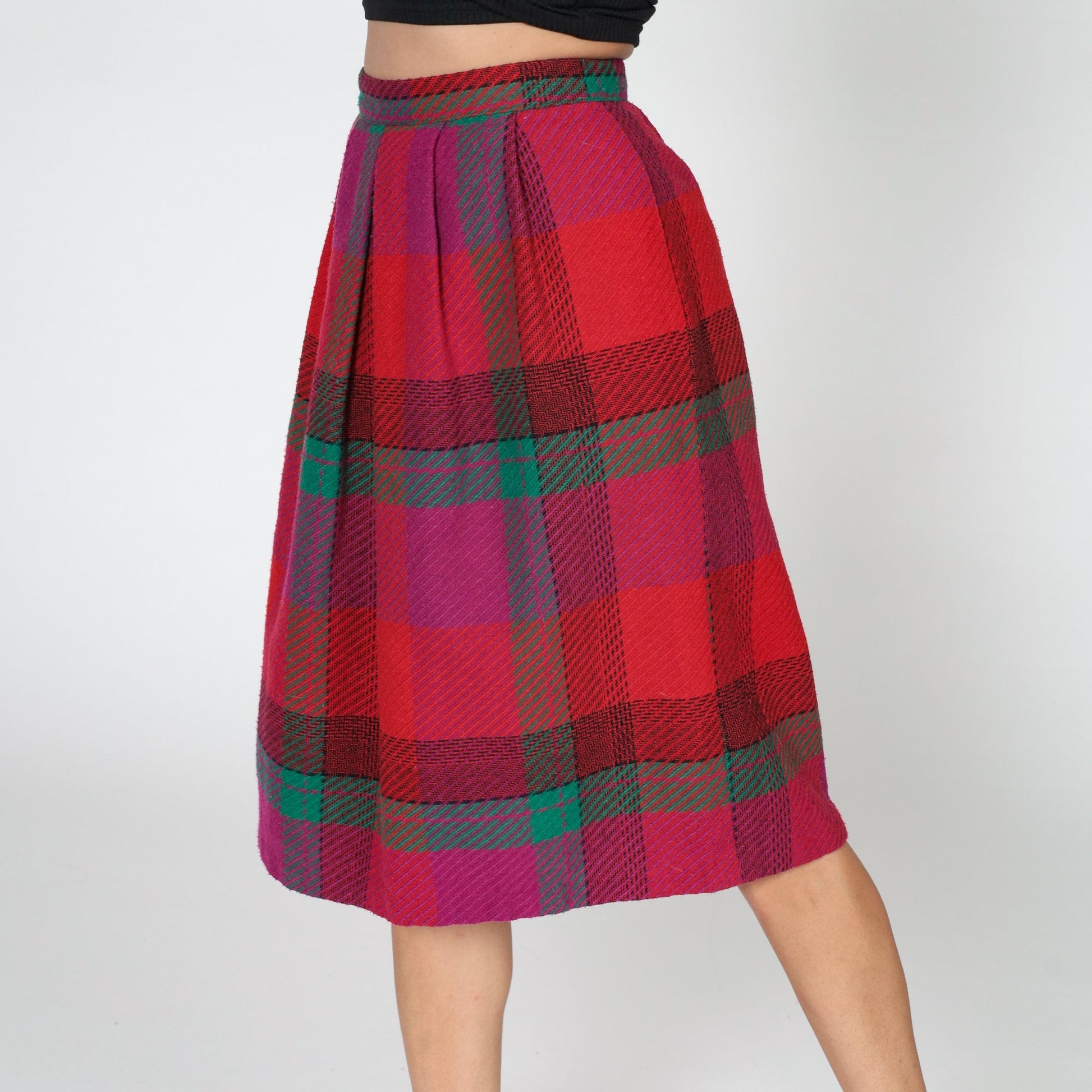 70s Red Plaid Midi Skirt High Waisted A-Line Pockets Small