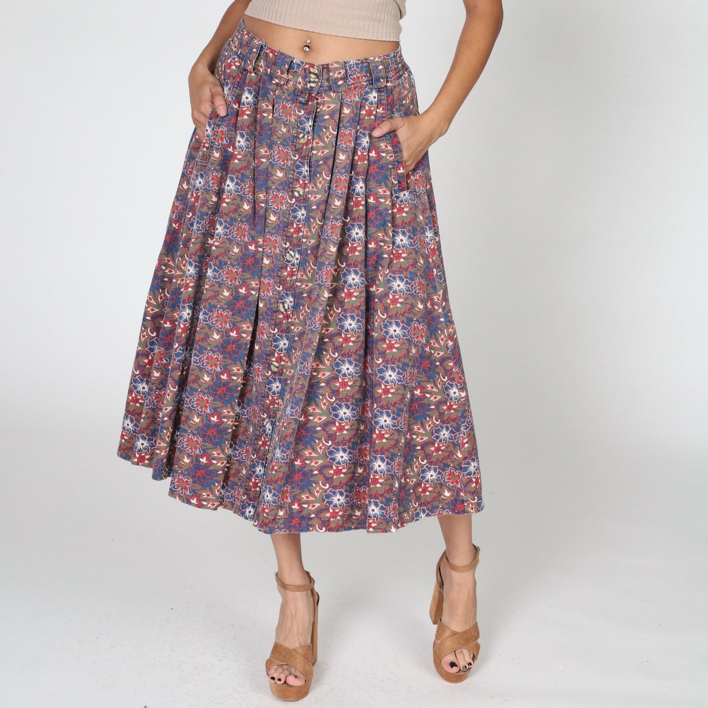 90s Gitano Tropical Floral Pleated Midi Skirt High Waist Button Front Small