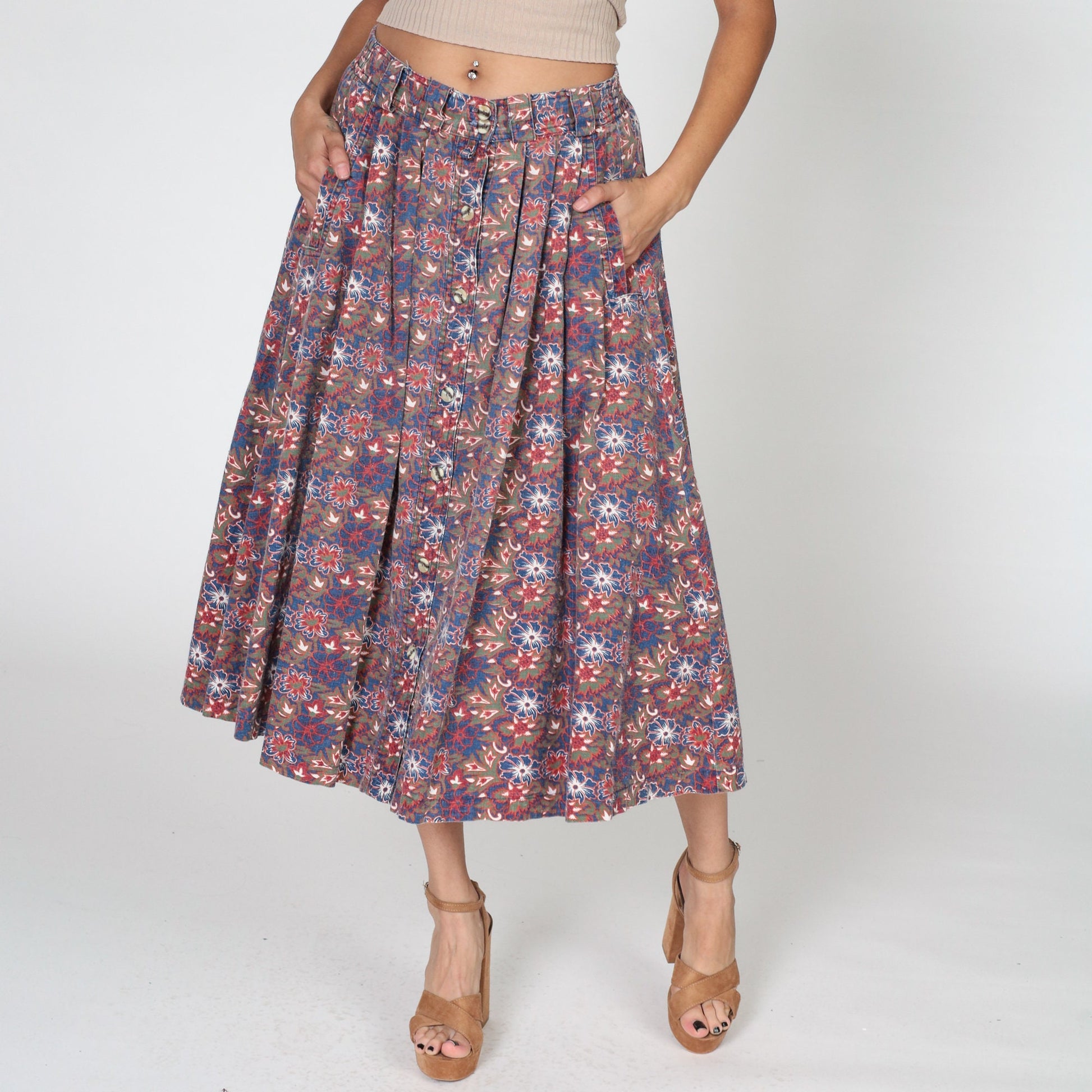 90s Gitano Tropical Floral Pleated Midi Skirt High Waist Button Front Small