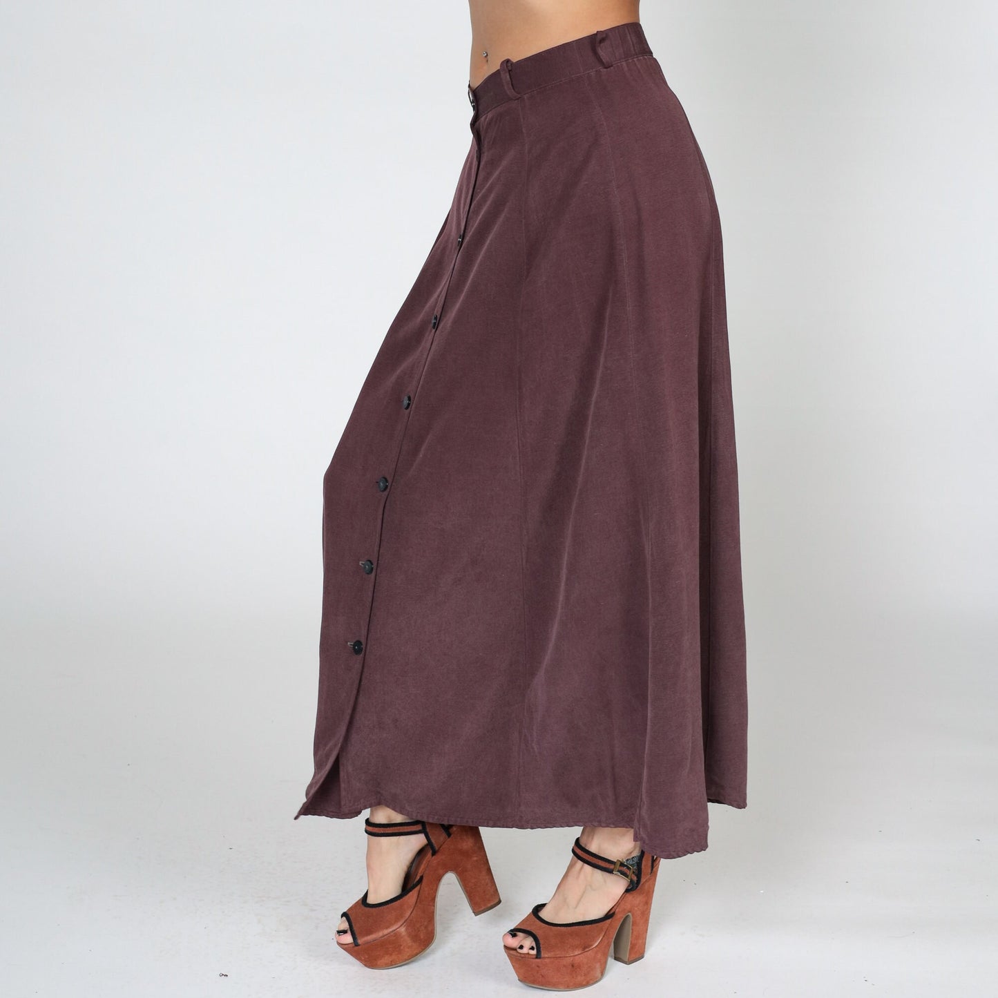 90s Dark Burgundy Silk Maxi Skirt Button-Up Front Small S