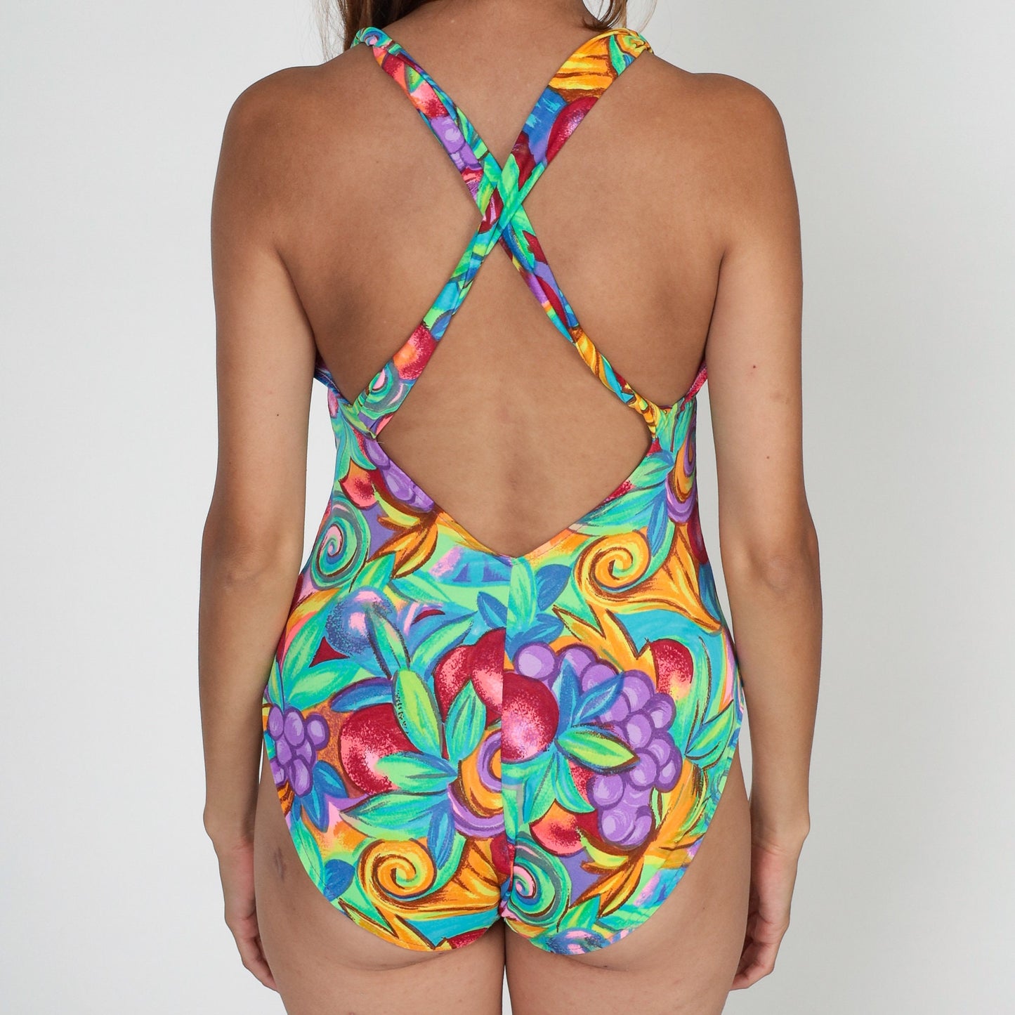 80s Fruit Print One-Piece Swimsuit Criss Cross Low Back Medium Large