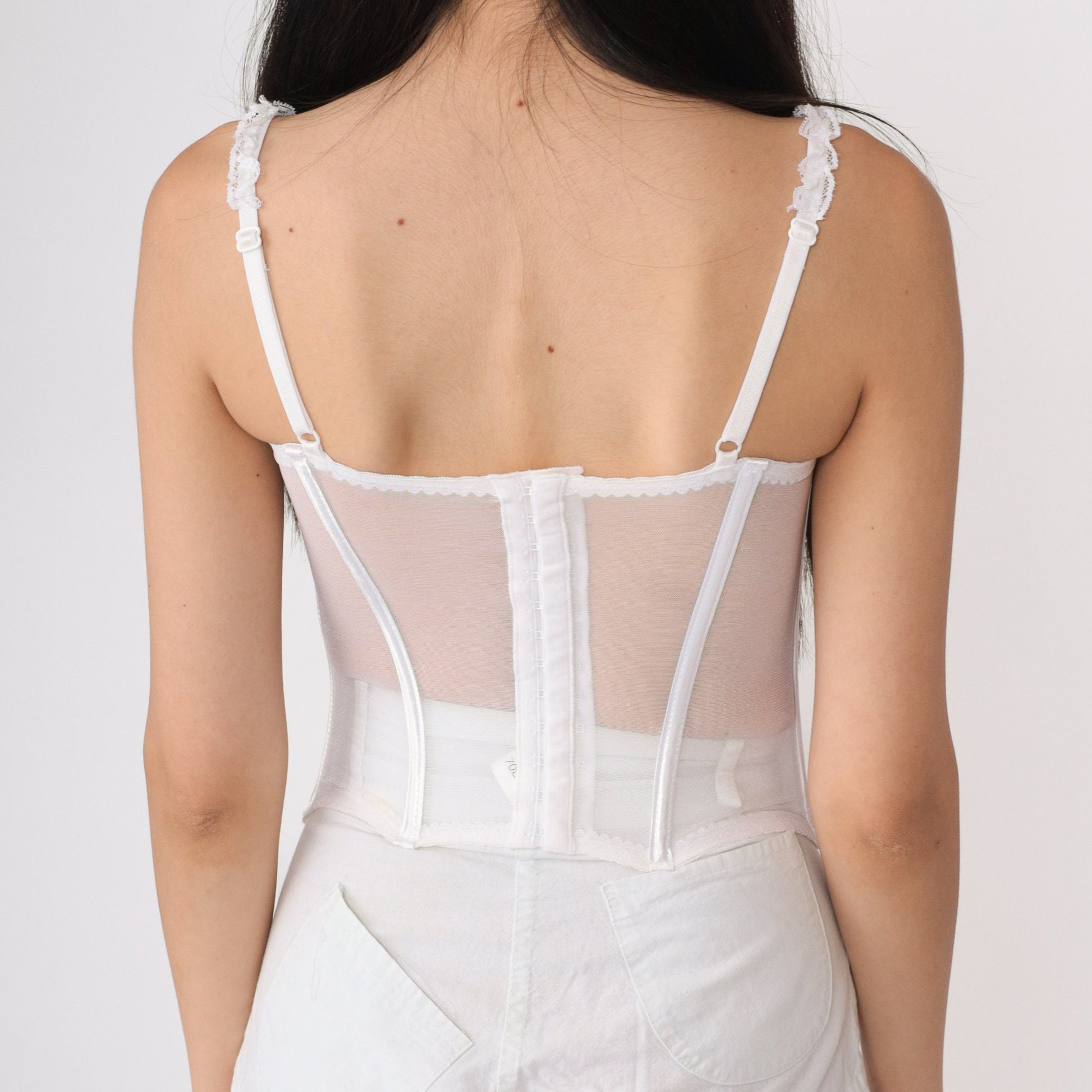00s White Rhinestone Bustier Corset Tank Lace Underwire Small 32D