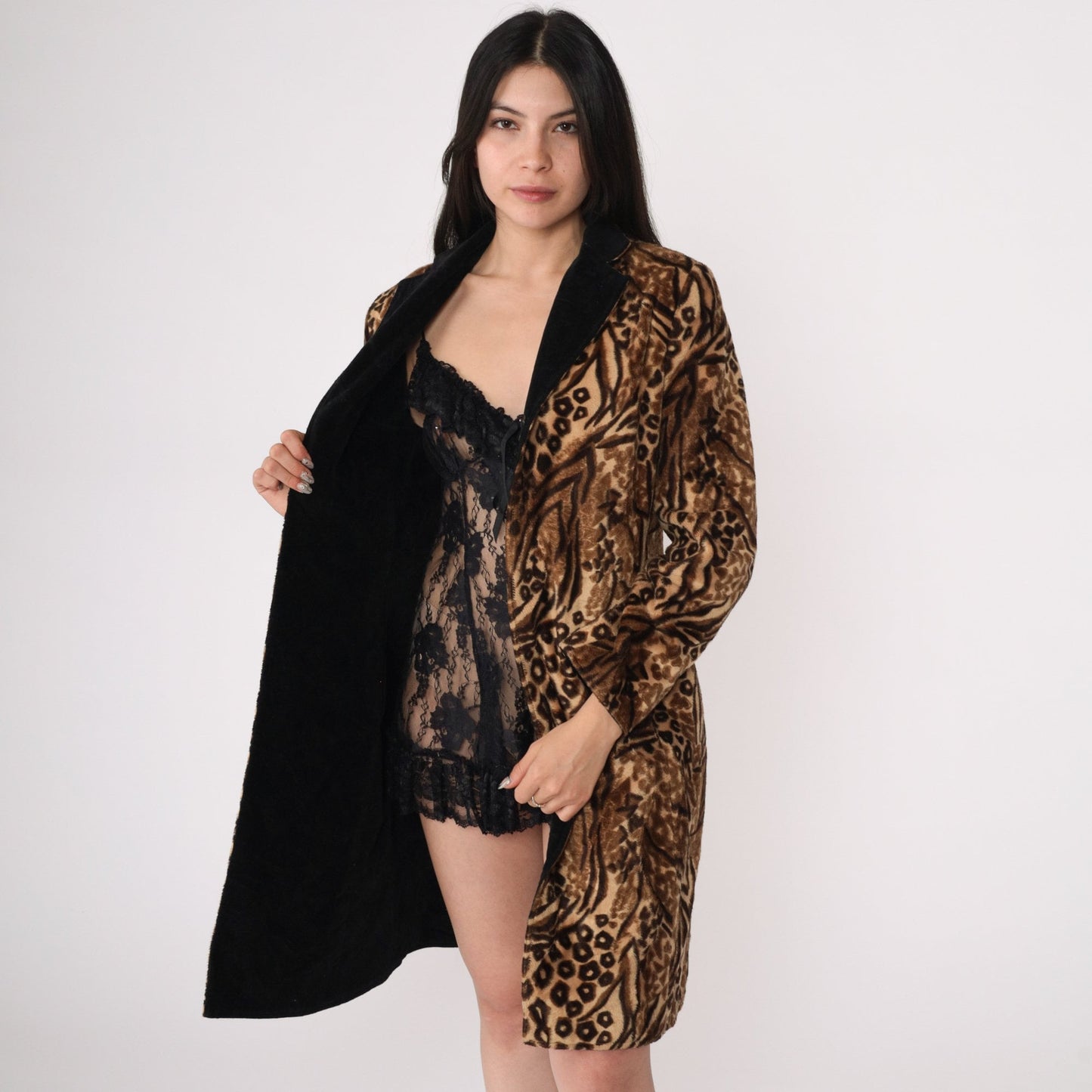 80s Leopard Tiger Print Faux Fur Coat Black Collar Small S
