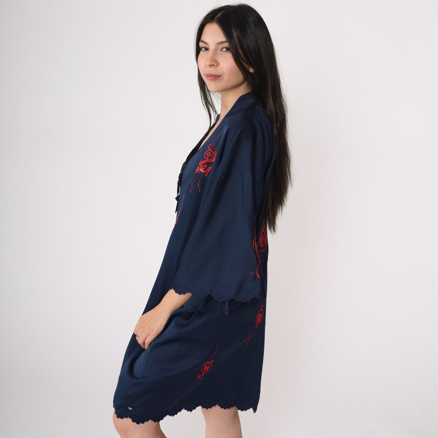 80s Navy Kimono Robe Embroidered Dragon Peacock Fish Jacket Small Medium