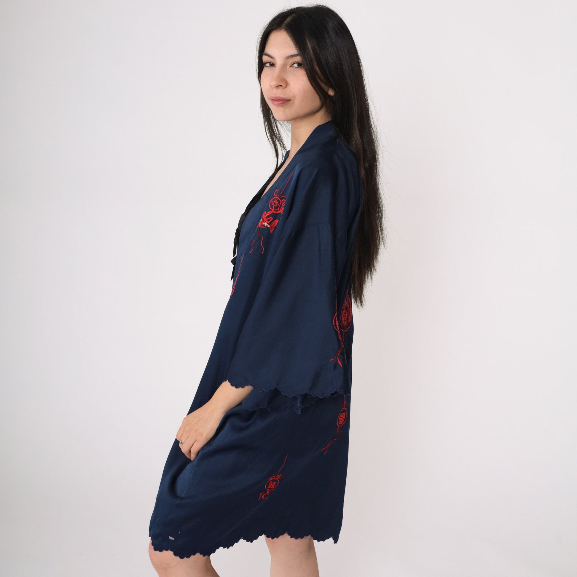 80s Navy Kimono Robe Embroidered Dragon Peacock Fish Jacket Small Medium