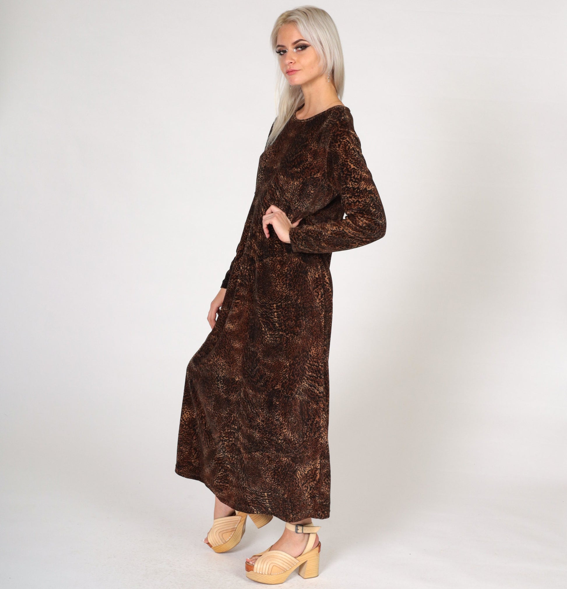 Y2K Jones New York Leopard Print Velour Midi Dress Long Sleeve Large