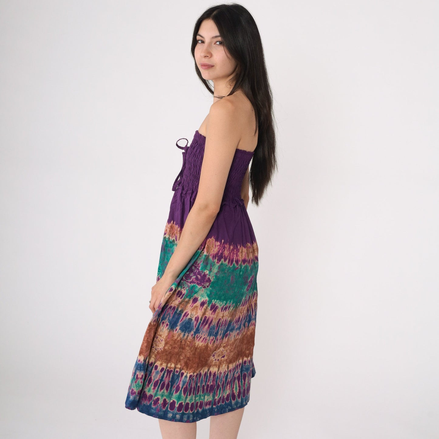 00s Tie Dye Smocked Strapless Midi Dress Purple Green Small Medium