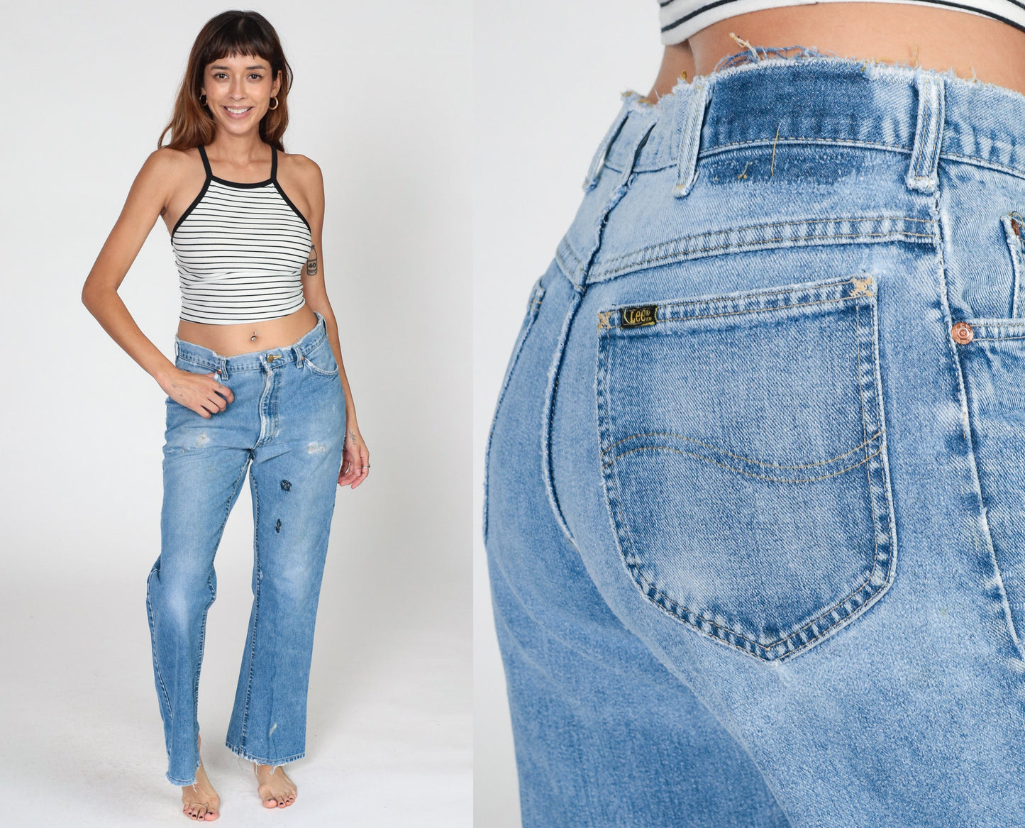 80s Lee High Waist Straight Leg Jeans Distressed Blue Denim Men's 33