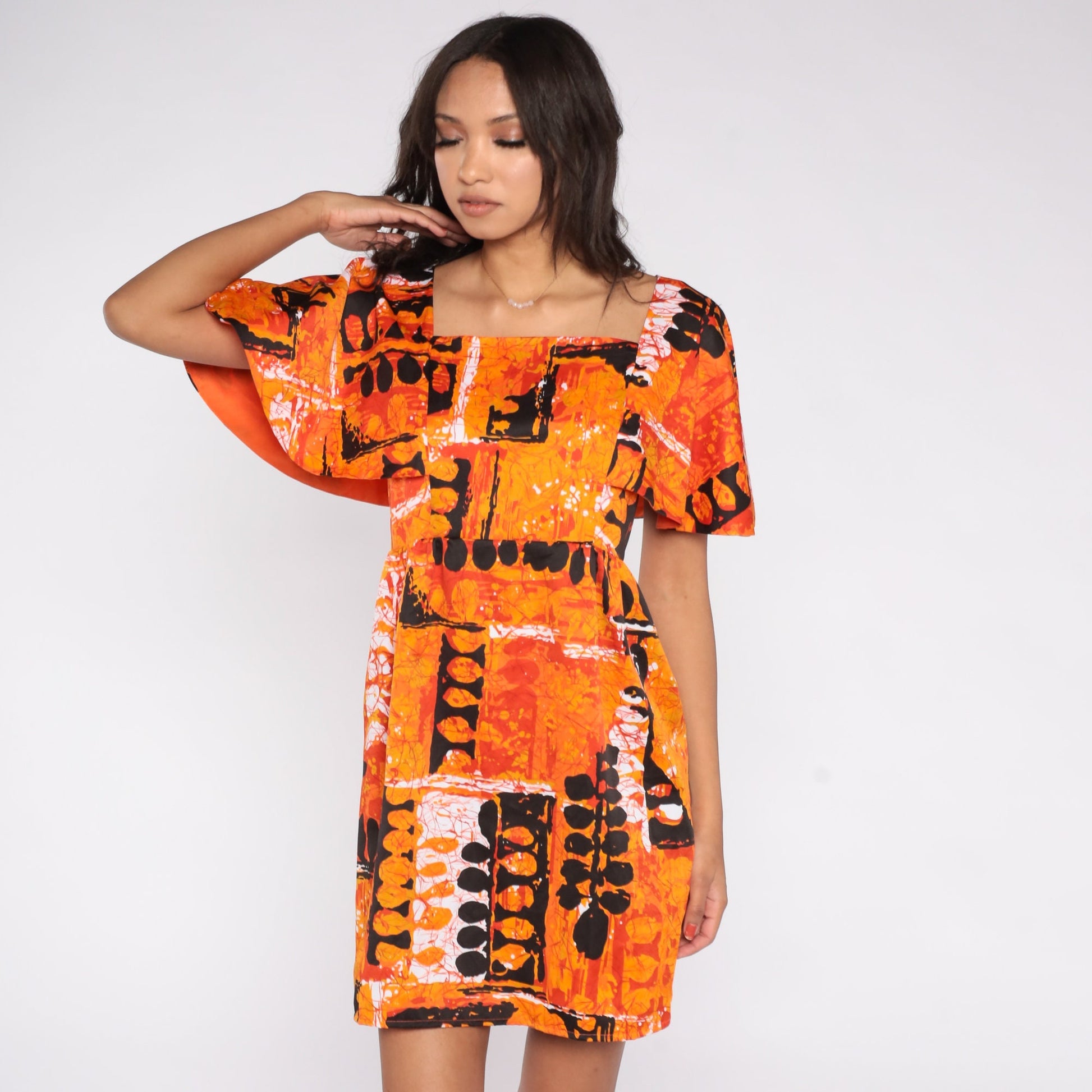 70s Hilo Hattie Hawaiian Mini Dress Orange Tropical Empire Waist Small